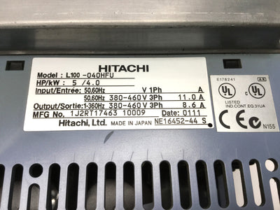 Used Hitachi L100-040HFU Inverter VFD Drive, 5HP / 4kW, 380-460VAC 3PH, 1-360Hz