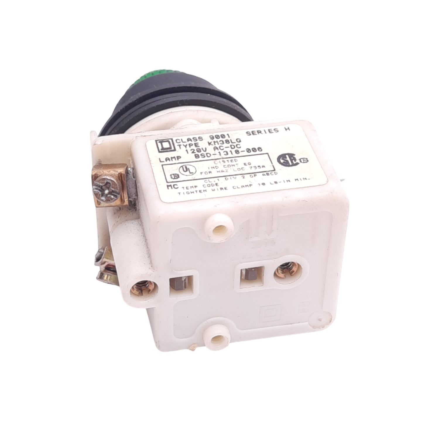 Used Square D 9001KM38LG Green Illuminated Push Button Switch, ø30mm, 120VAC/DC Lamp