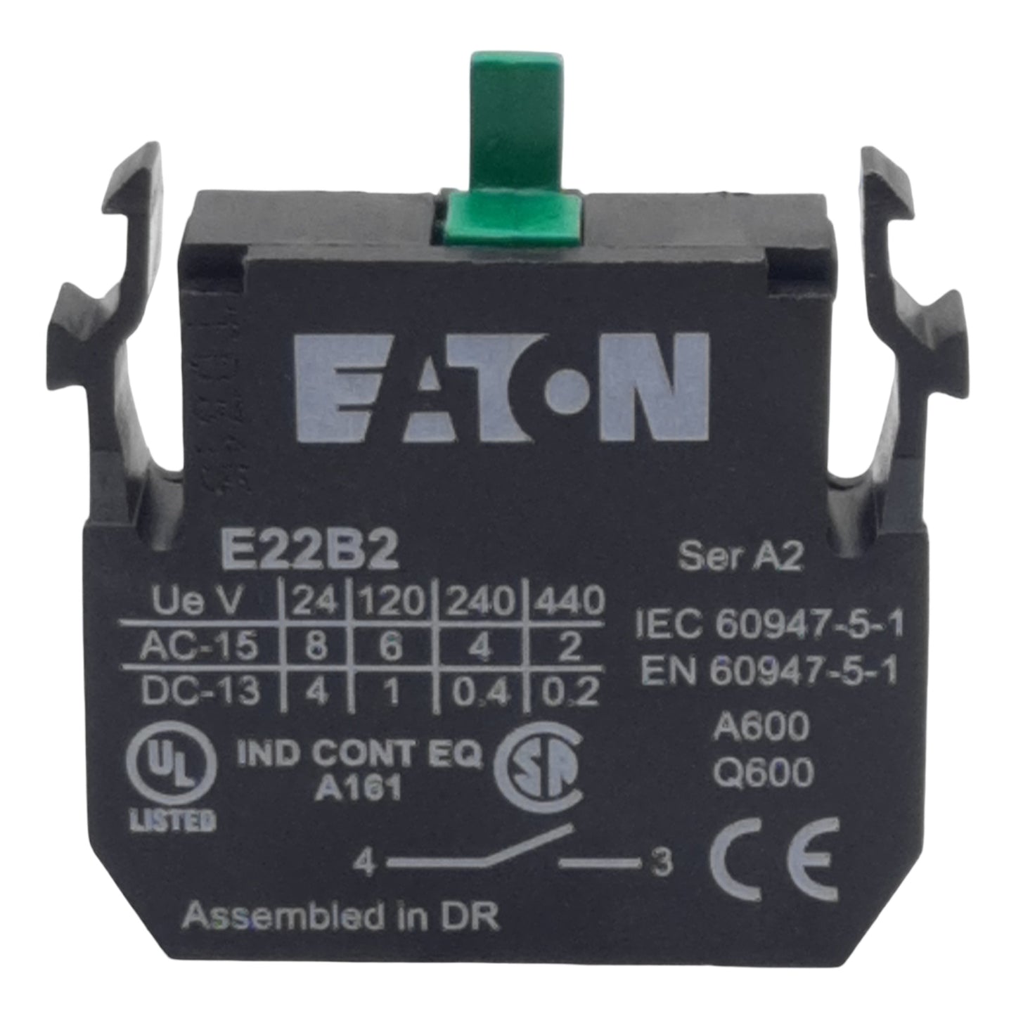 New Eaton E22B2 Pushbutton Contact Block, 1N.O., 6A 11/120VAC, 22.5mm
