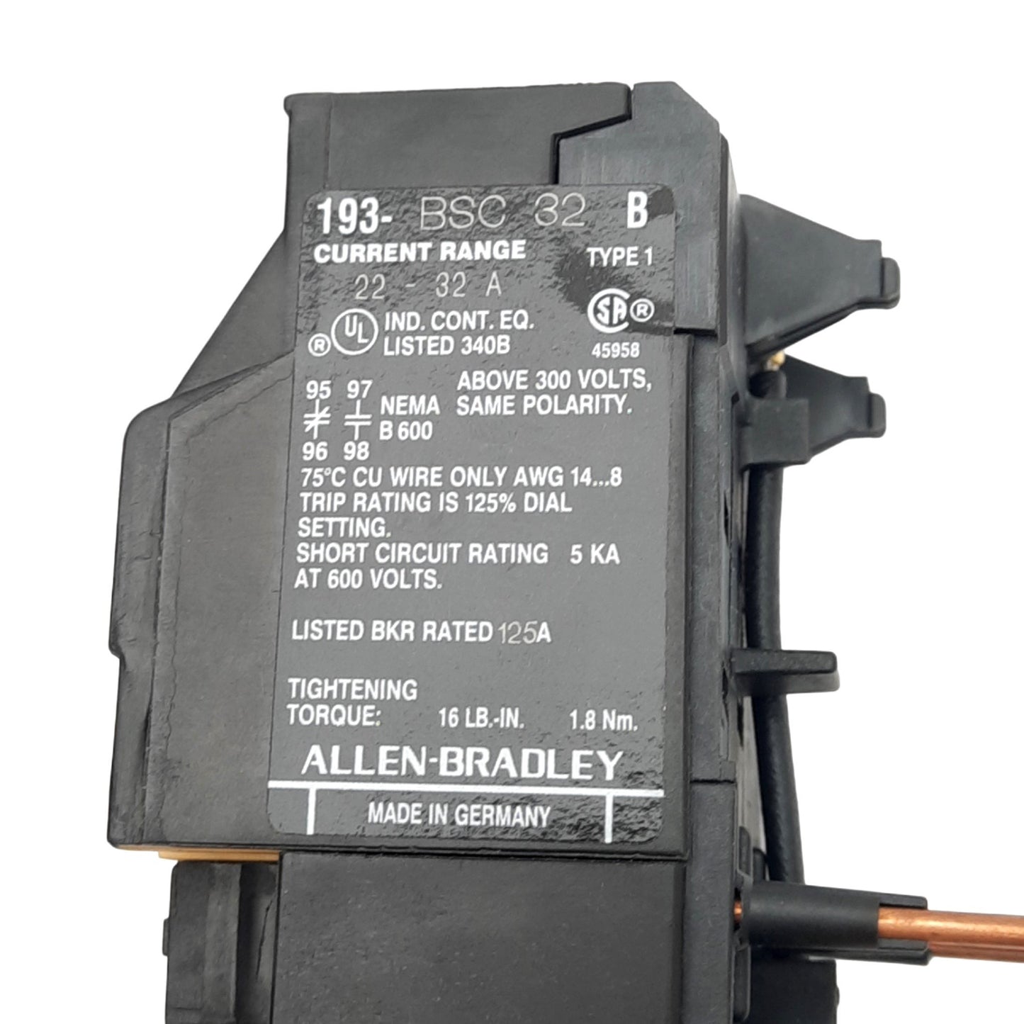New Allen Bradley 193-BSC32 B Thermal Overload Relay, 22-32A, 2-Pole 1NC+1NO, 600V