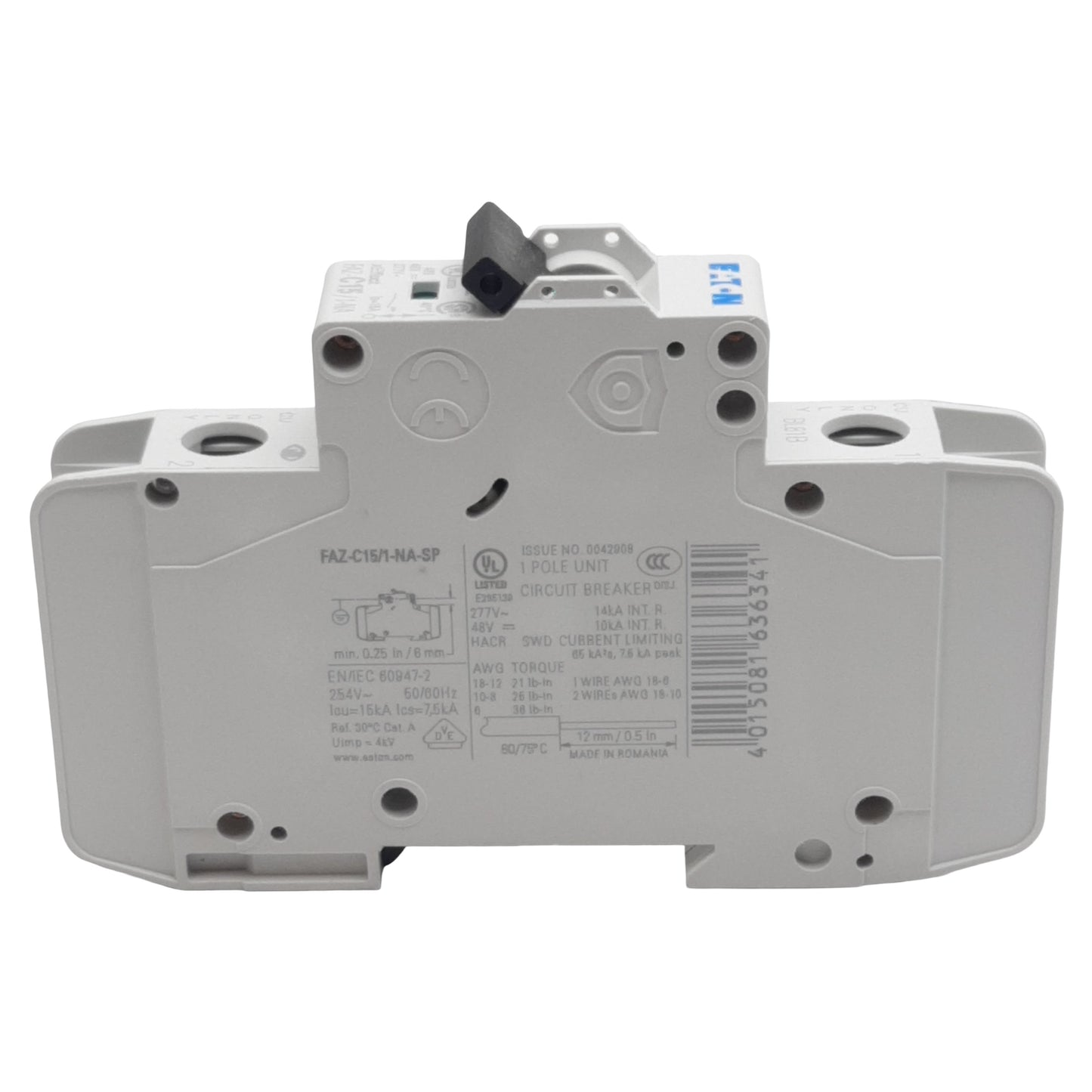 New Eaton FAZ-C15/1-NA-SP Circuit Breaker, 1-Pole, 15A 48VDC/277VAC, DIN Rail