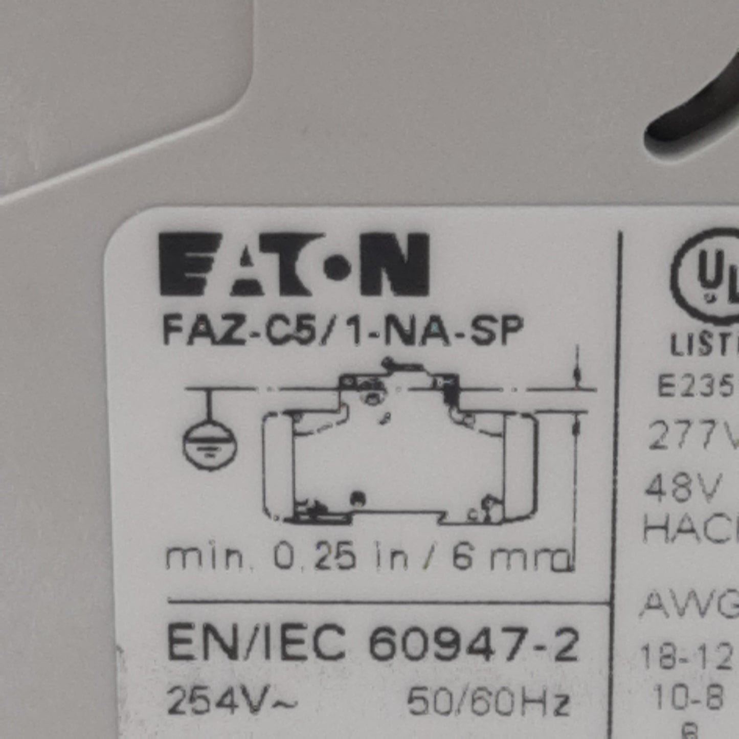 Used Eaton FAZ-C5/1-NA-SP Circuit Breaker, 1-Pole, 5A 48VDC/277VAC, DIN Rail