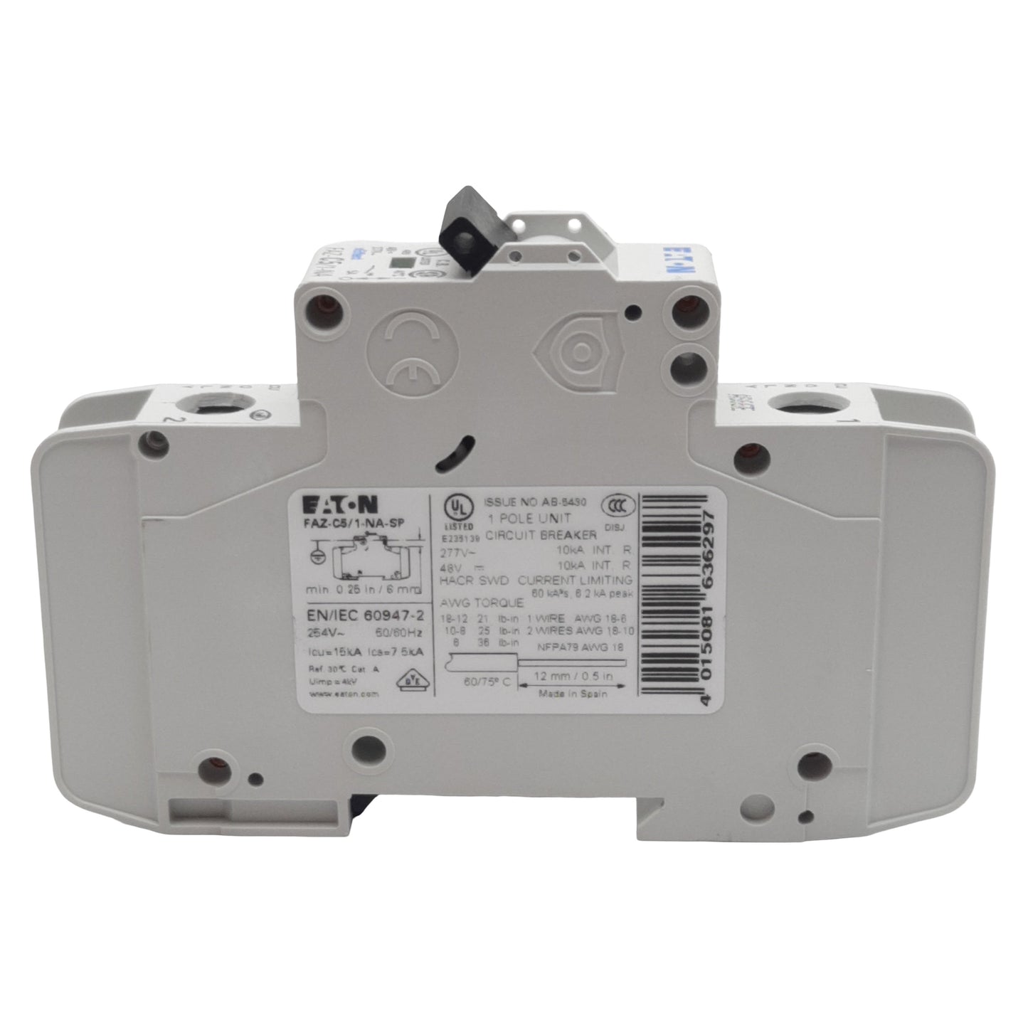 Used Eaton FAZ-C5/1-NA-SP Circuit Breaker, 1-Pole, 5A 48VDC/277VAC, DIN Rail