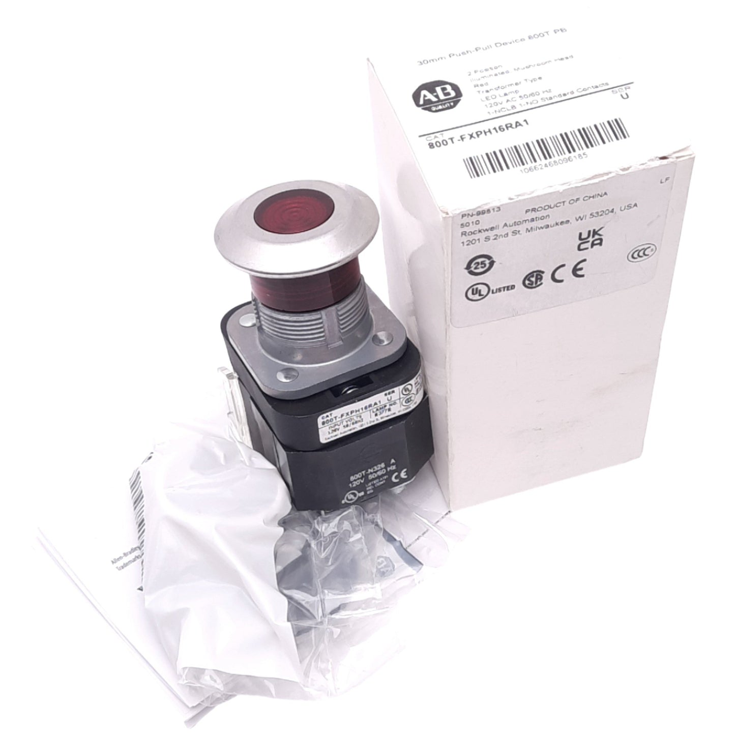 New Allen Bradley 800T-FXPH16RA1 Push/Pull E-Stop Button, ø30mm, 1NO+1NCLB, 600V 10A