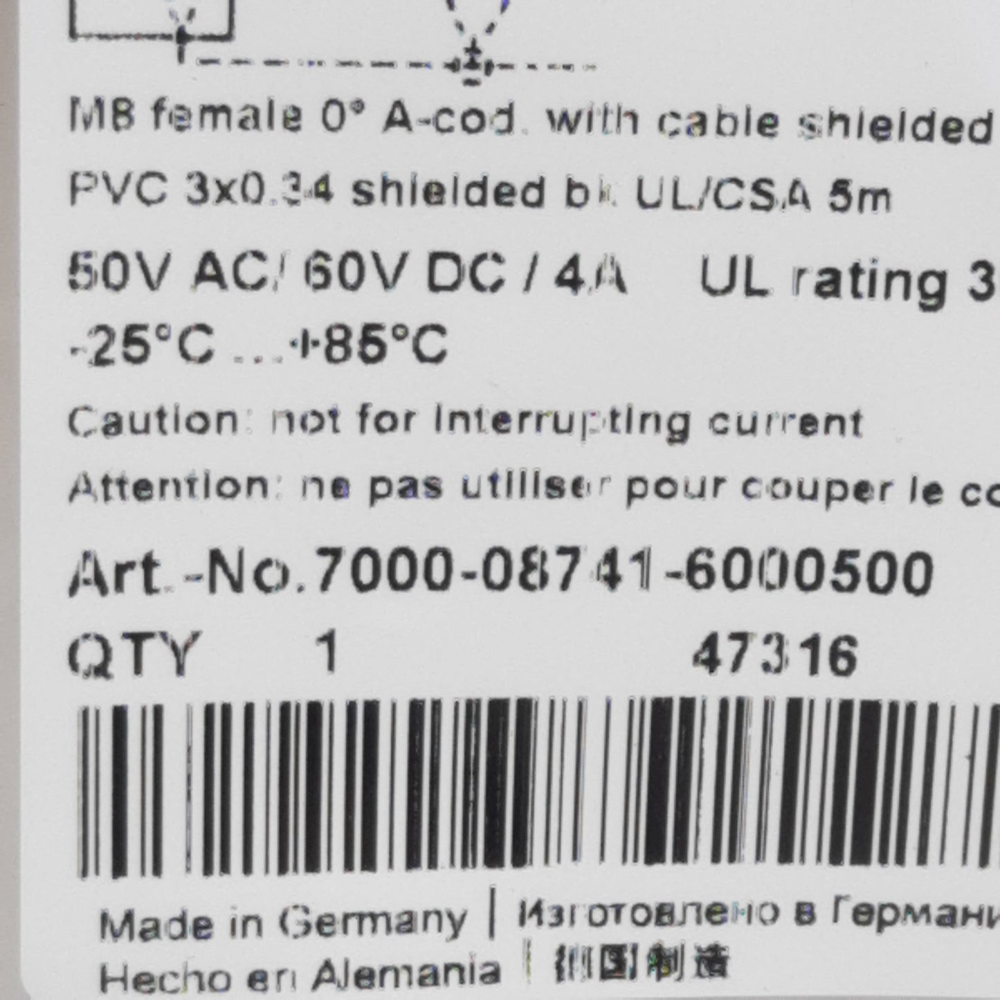 New Murrelektronik 7000-08741-6000500 Cordset 3-Pin M8 Female to Leads, 4A 50VAC, 5m