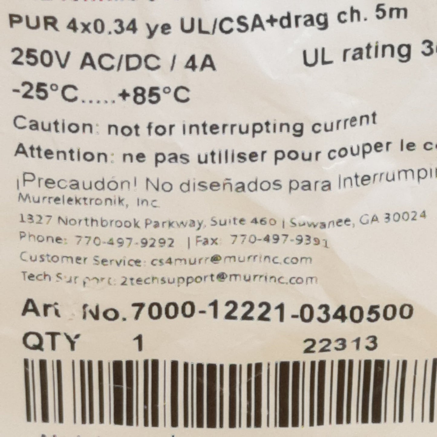 New Murrelektronik 7000-12221-0340500 Cordset 5-Pin M12 Female to Leads 4A 250VAC 5m