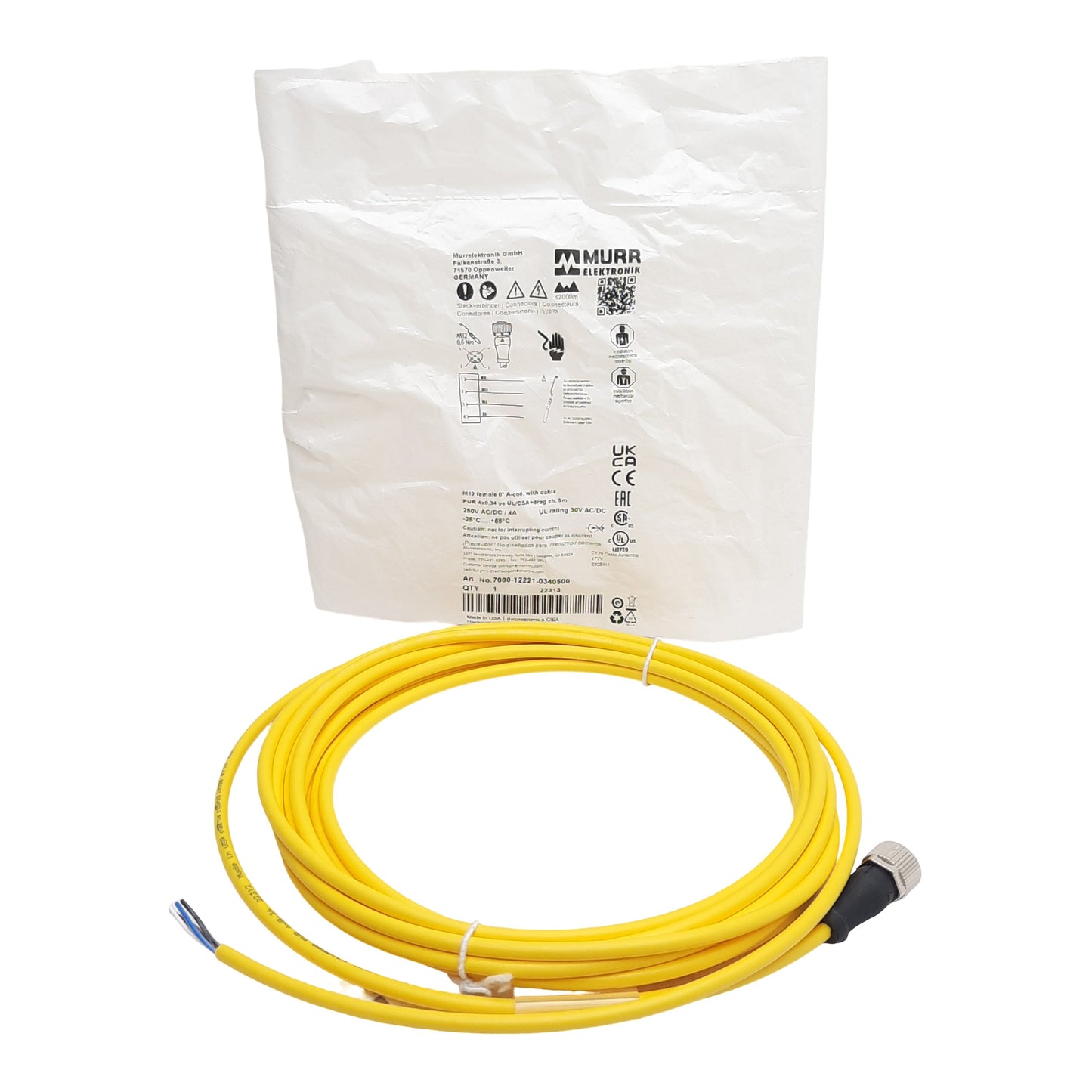 New Murrelektronik 7000-12221-0340500 Cordset 5-Pin M12 Female to Leads 4A 250VAC 5m
