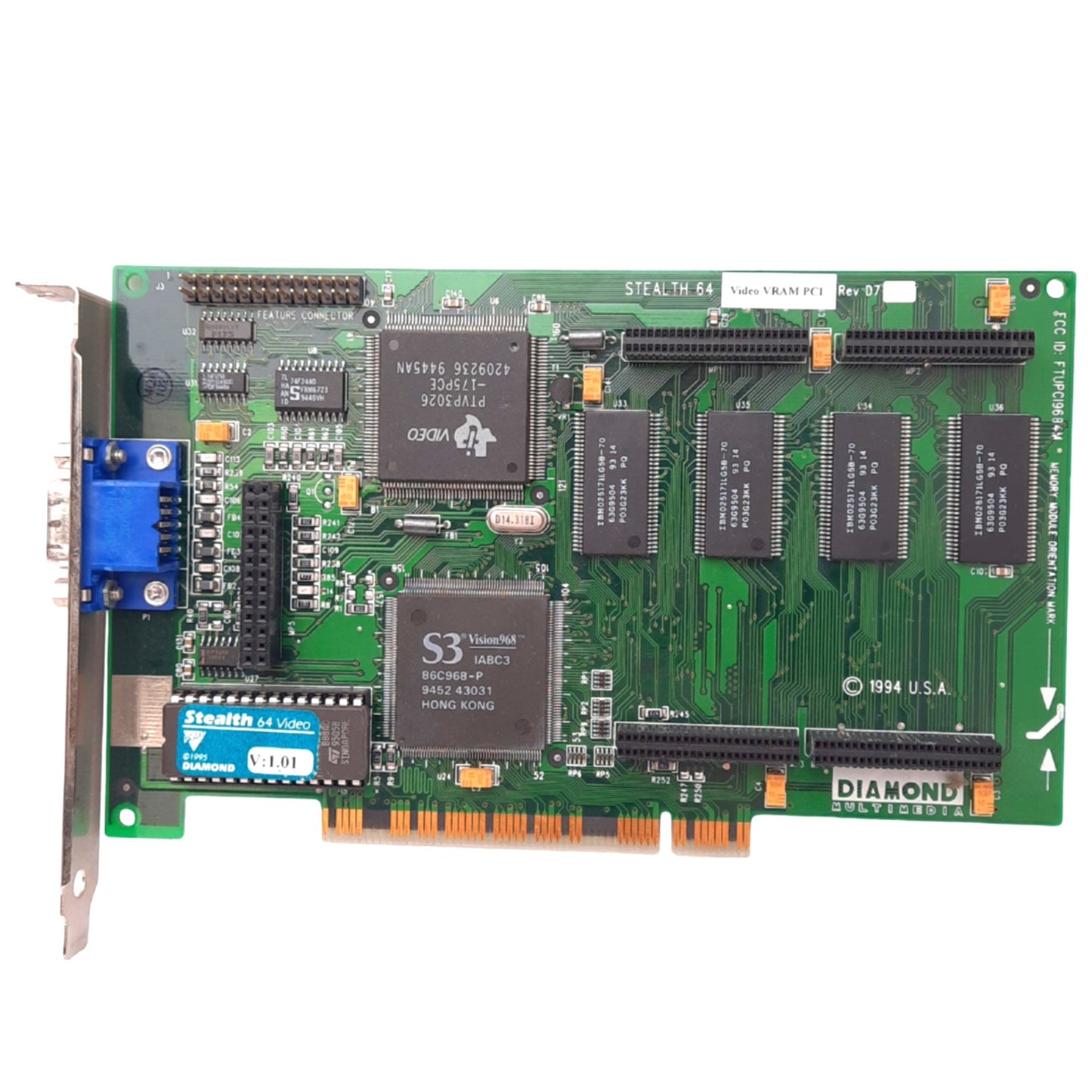 Used Diamond Stealth 64 PCI v1.01 Rev D7 Video Card, S3 Vision968, 4MB VRAM, VGA, PCI