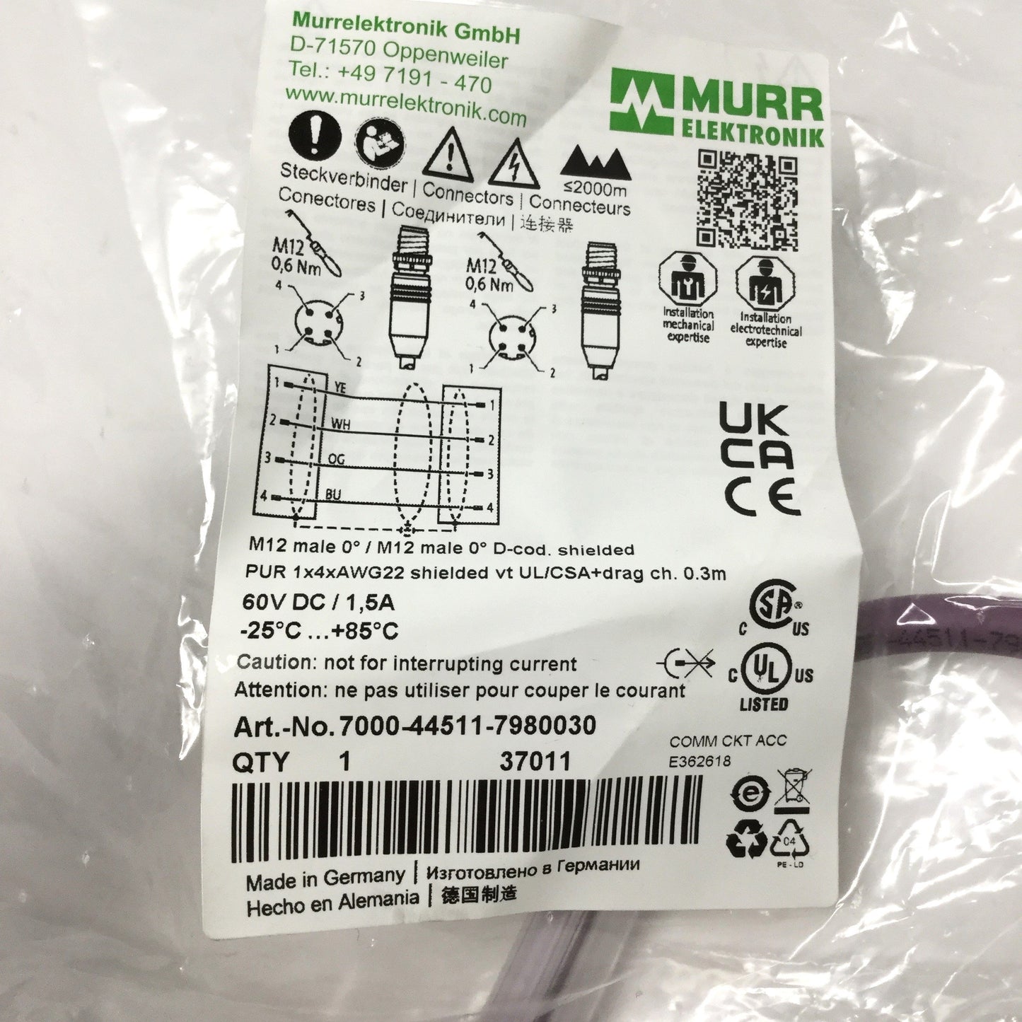 New Murr 7000-44511-7980030 CAT5e Ethernet Cordset M12 4-Pin Male-Male, D-Code, 0.3m