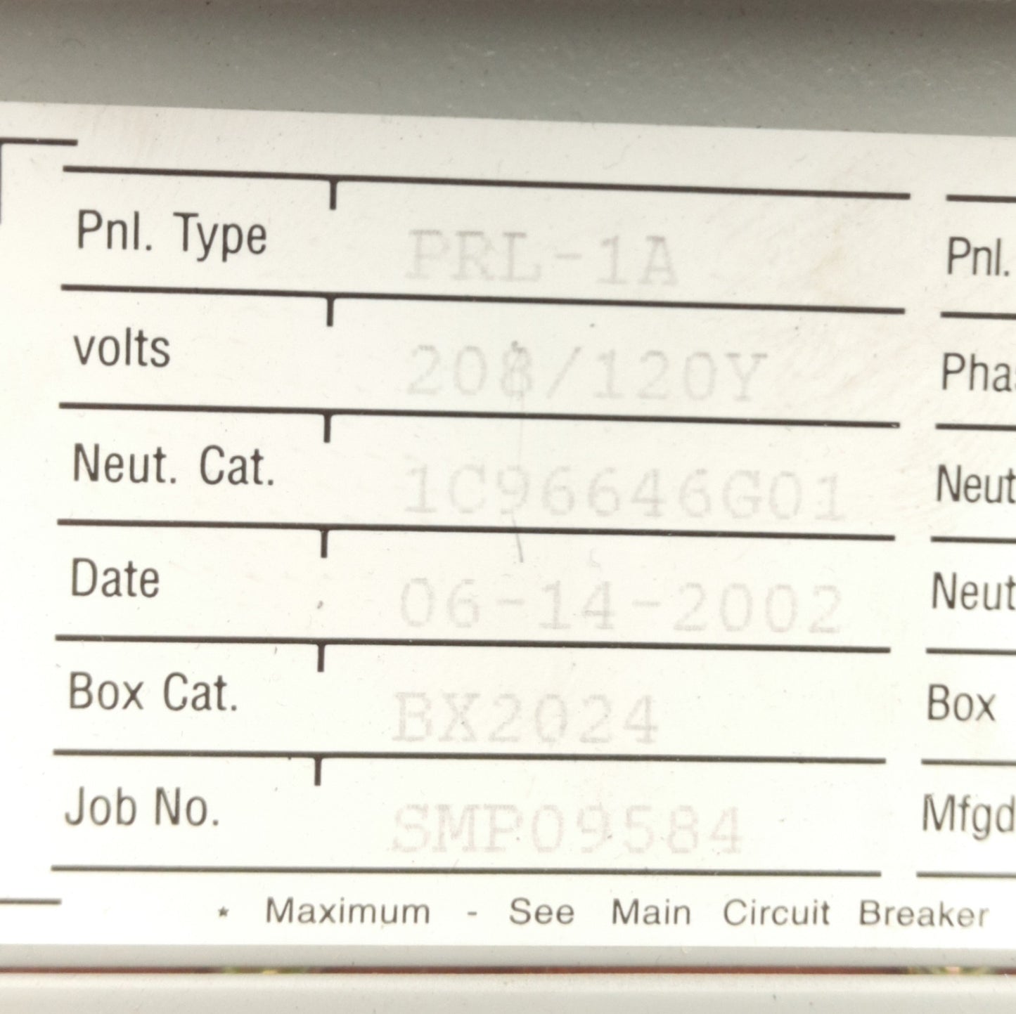 Used Cutler Hammer PRL-1A Panelboard w/ Breakers, 100A, 208/120Y VAC, 18 Terminals