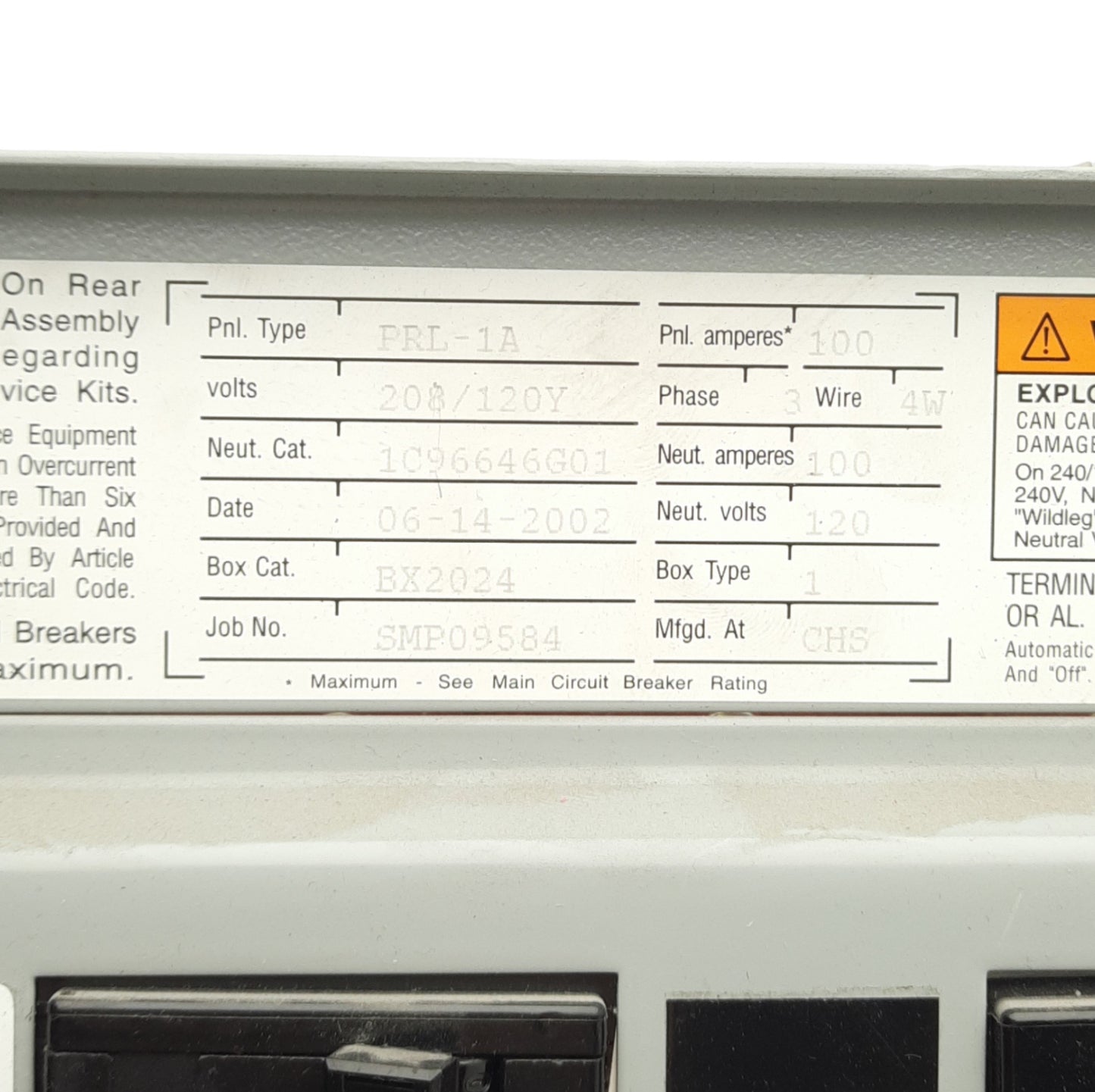 Used Cutler Hammer PRL-1A Panelboard w/ Breakers, 100A, 208/120Y VAC, 18 Terminals