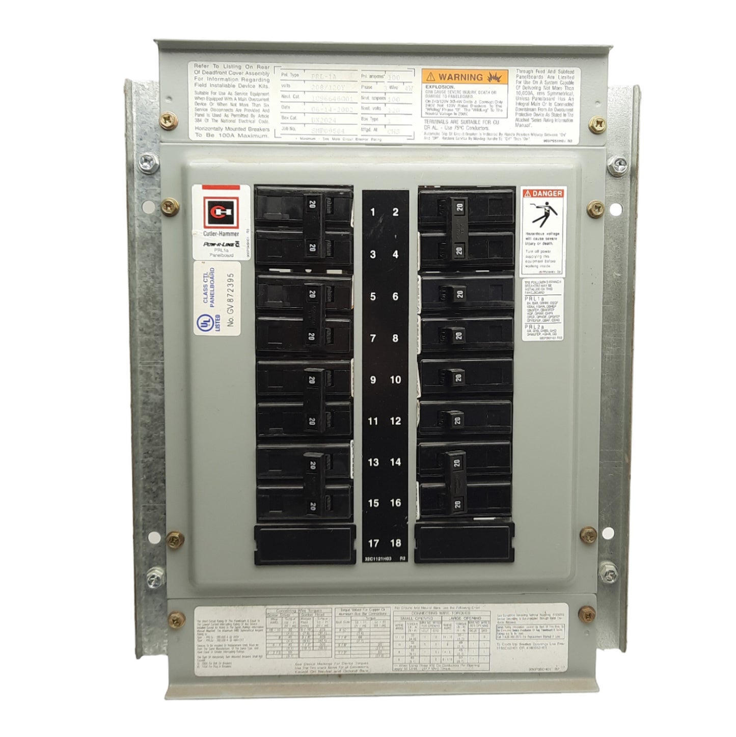 Used Cutler Hammer PRL-1A Panelboard w/ Breakers, 100A, 208/120Y VAC, 18 Terminals