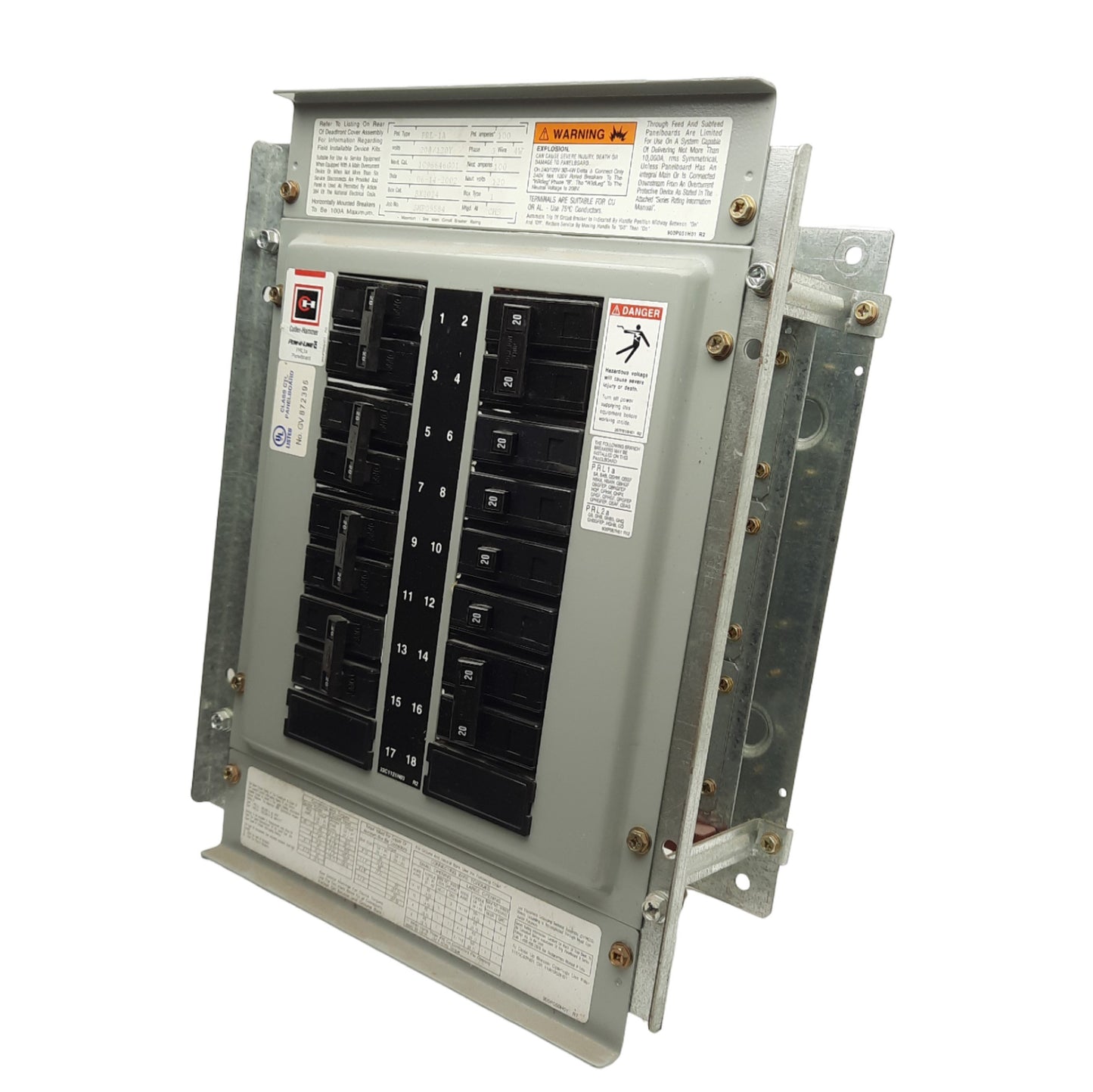 Used Cutler Hammer PRL-1A Panelboard w/ Breakers, 100A, 208/120Y VAC, 18 Terminals