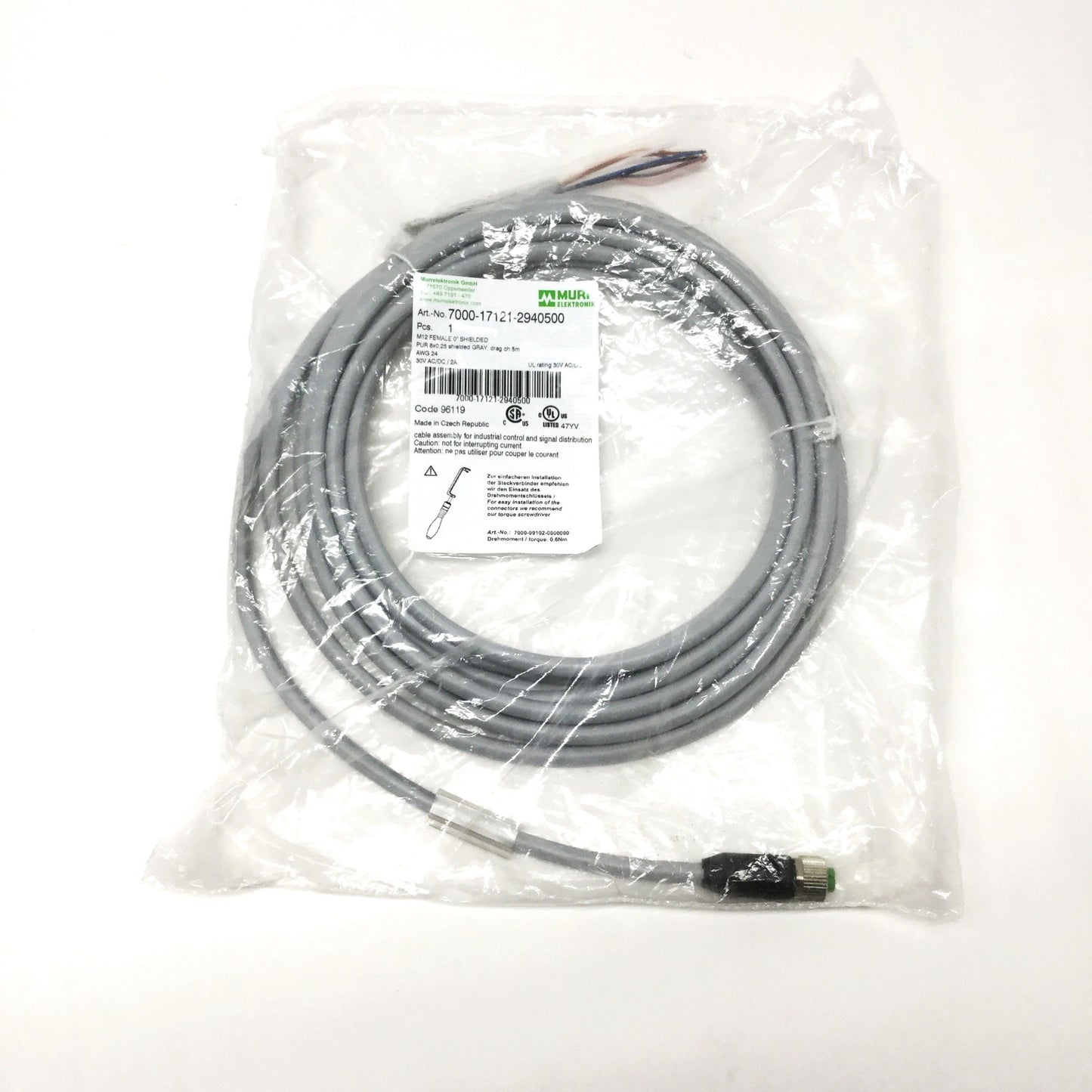 New Murrelektronik 7000-17121-2940500 Cordset Cable M12 8-Pin Female to Leads, 5m