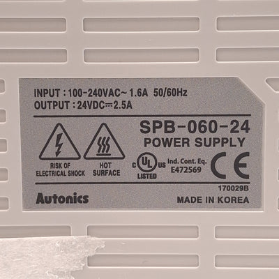Used Autonics SPB-060-24 PLC Power Supply, 100-240VAC IN, 24VDC OUT, 60W, DIN Rail
