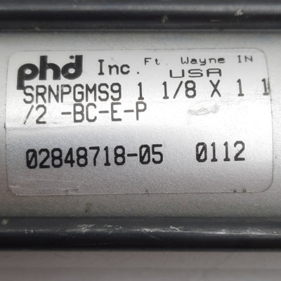 Used PHD SRNPGMS9 Pneumatic Cylinder ø1-1/8in Bore, 1-1/2in Stroke, 1/8in NPT, 150psi