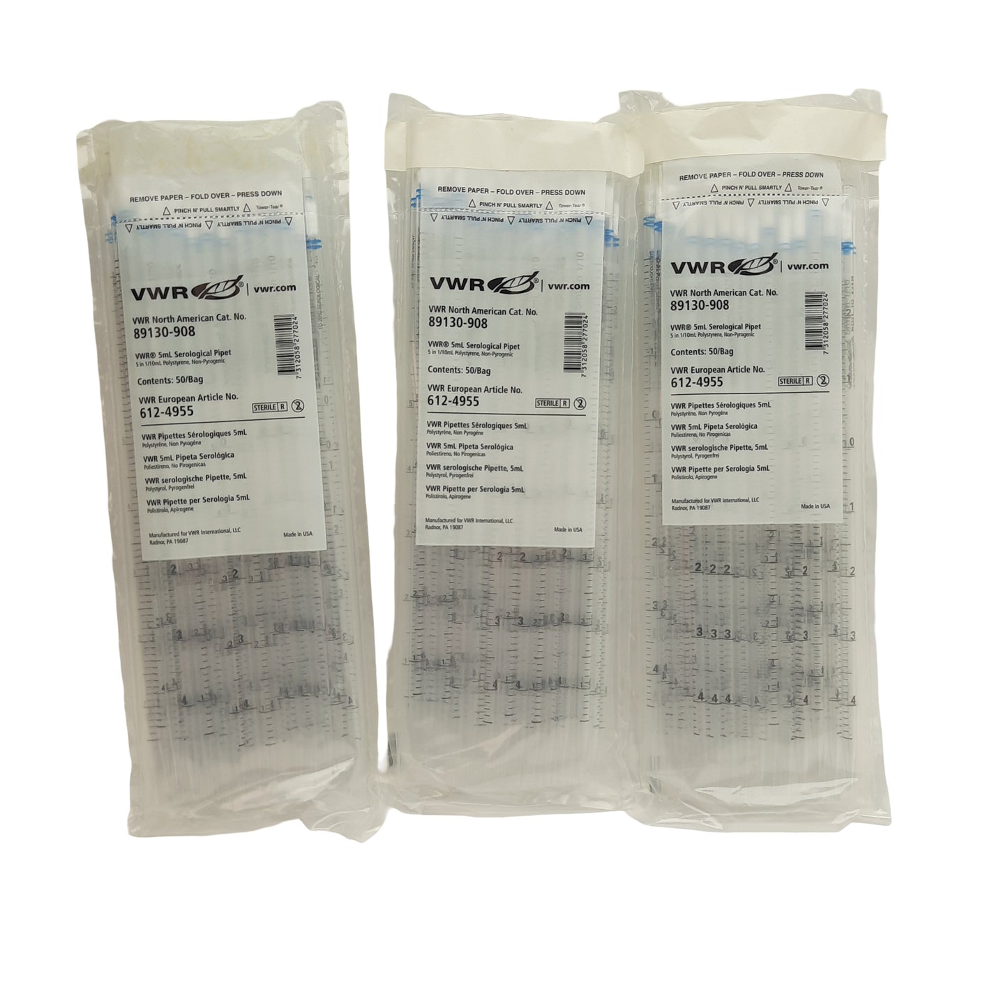 New Lots of 150 VWR 89130-908 Serological Pipet 5ml, 347mm Length, 8.01mm OD, 0.10ml