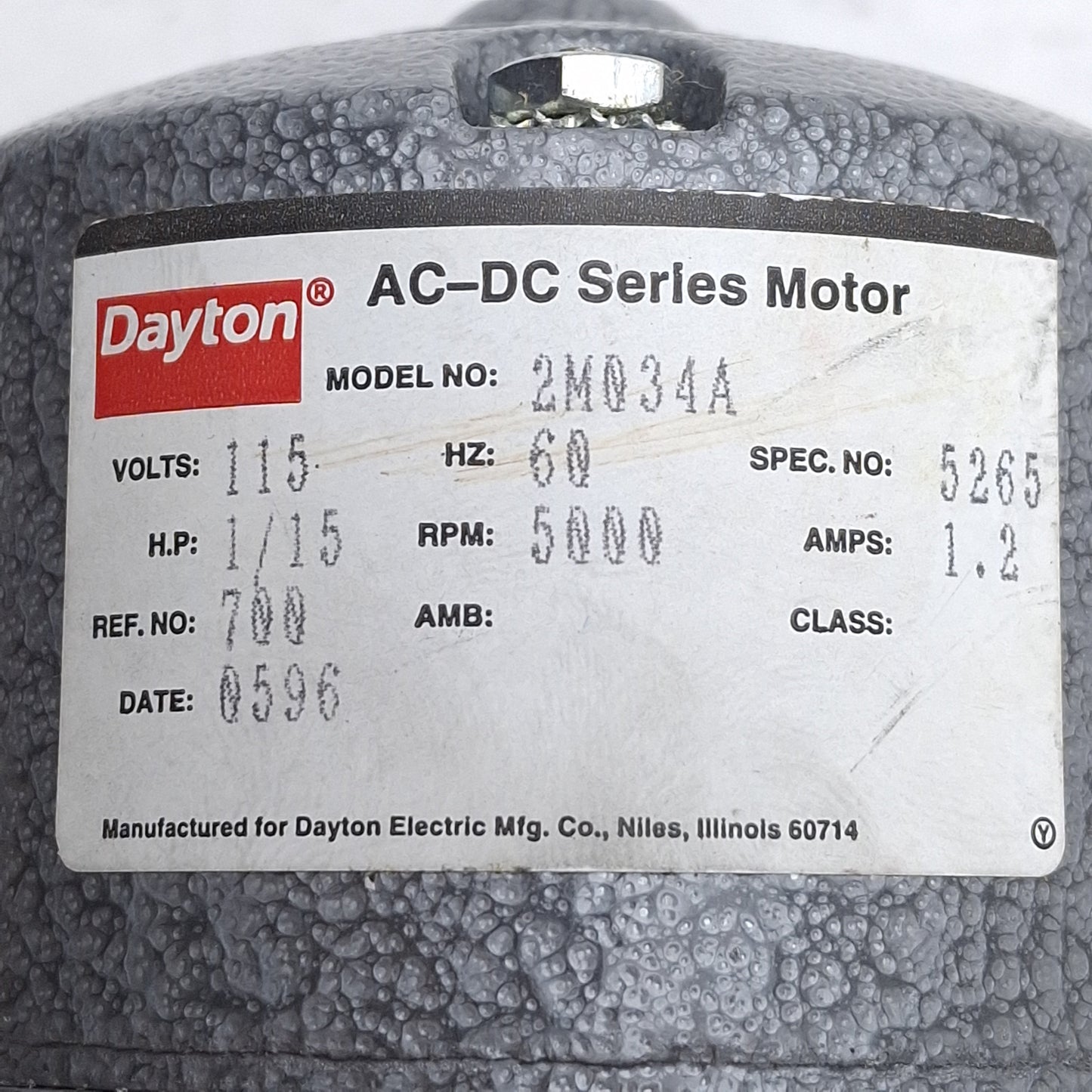 New Dayton 2M034A Universal AC-DC Motor 115VAC/DC 1.2A 1/15HP, 5000RPM, ø1/4" Shaft