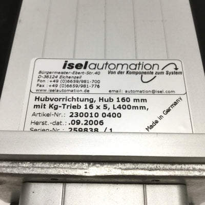 Used ISEL LES-1 Linear Ballscrew Actuator Positioner 160mm Stroke, 5mm Lead *No Motor