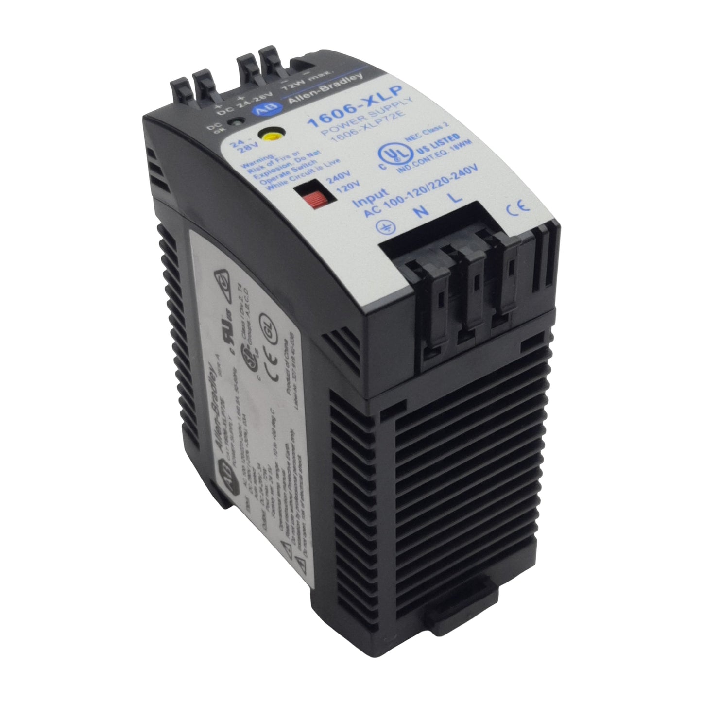 Used Allen Bradley 1606-XLP72E Power Supply 100-240VAC In, 3A 24VDC 72W Out, DIN Rail