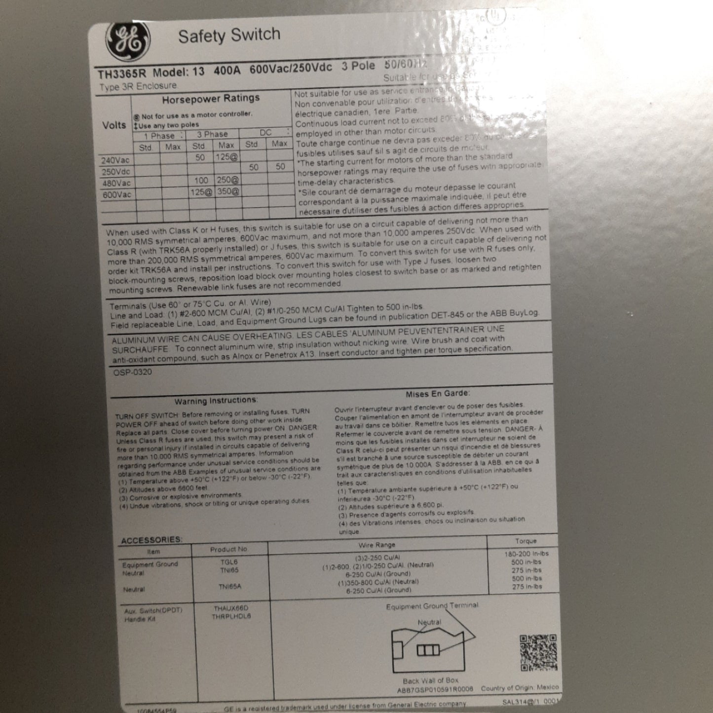 New – Open box ABB TH3365R Enclosed Disconnect Switch 3-Pole, 600VAC/250VDC 400A, 53 x 22 x 8in