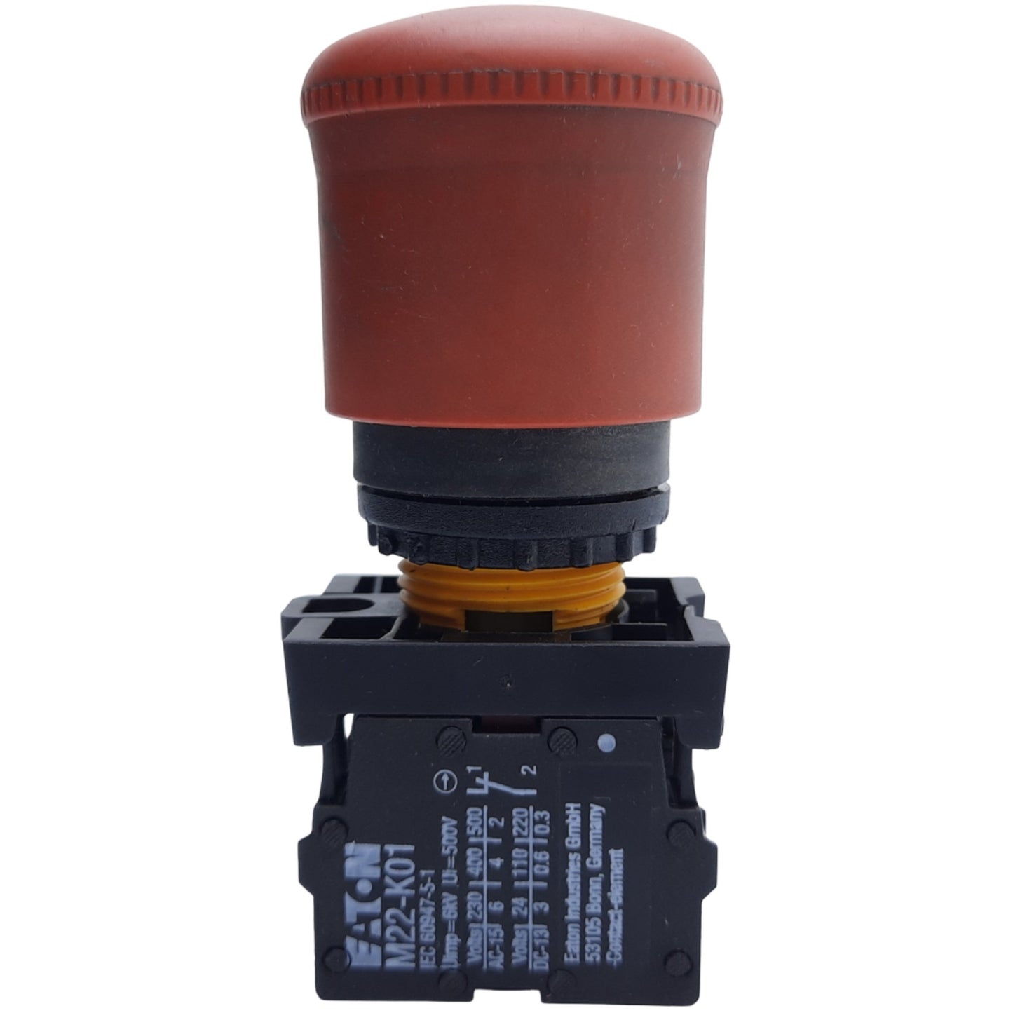 Used Eaton Moeller M22-PV-K01 Emergency Stop Push Button, 1 N.C, ø22mm, 600VAC at 5A