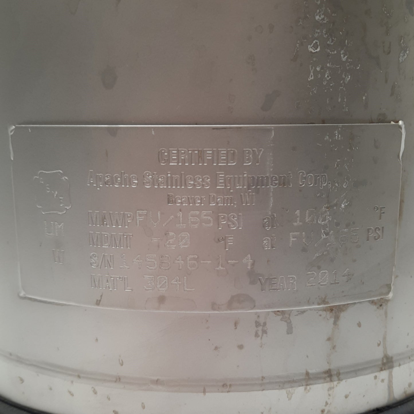 Used Apache Stainless Corp ASME UM Pressure Vessel MAWP: FV/165psi, 1/4in NPT*No Lid*