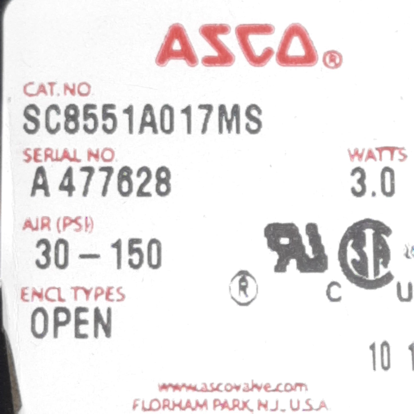 Used Asco SC8551A017MS Solenoid Valve, 5/4-Way, 1/4in NPT, 30-150psi, 24VDC Coil
