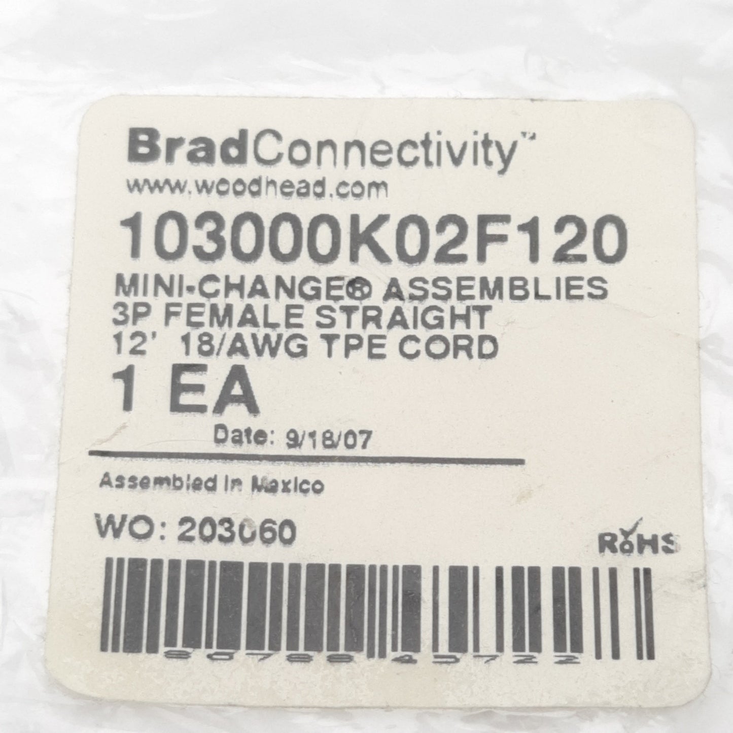 New BradConnectivity 103000K02F120 Cordset 3P Size A Mini-Change Female to Leads 12'