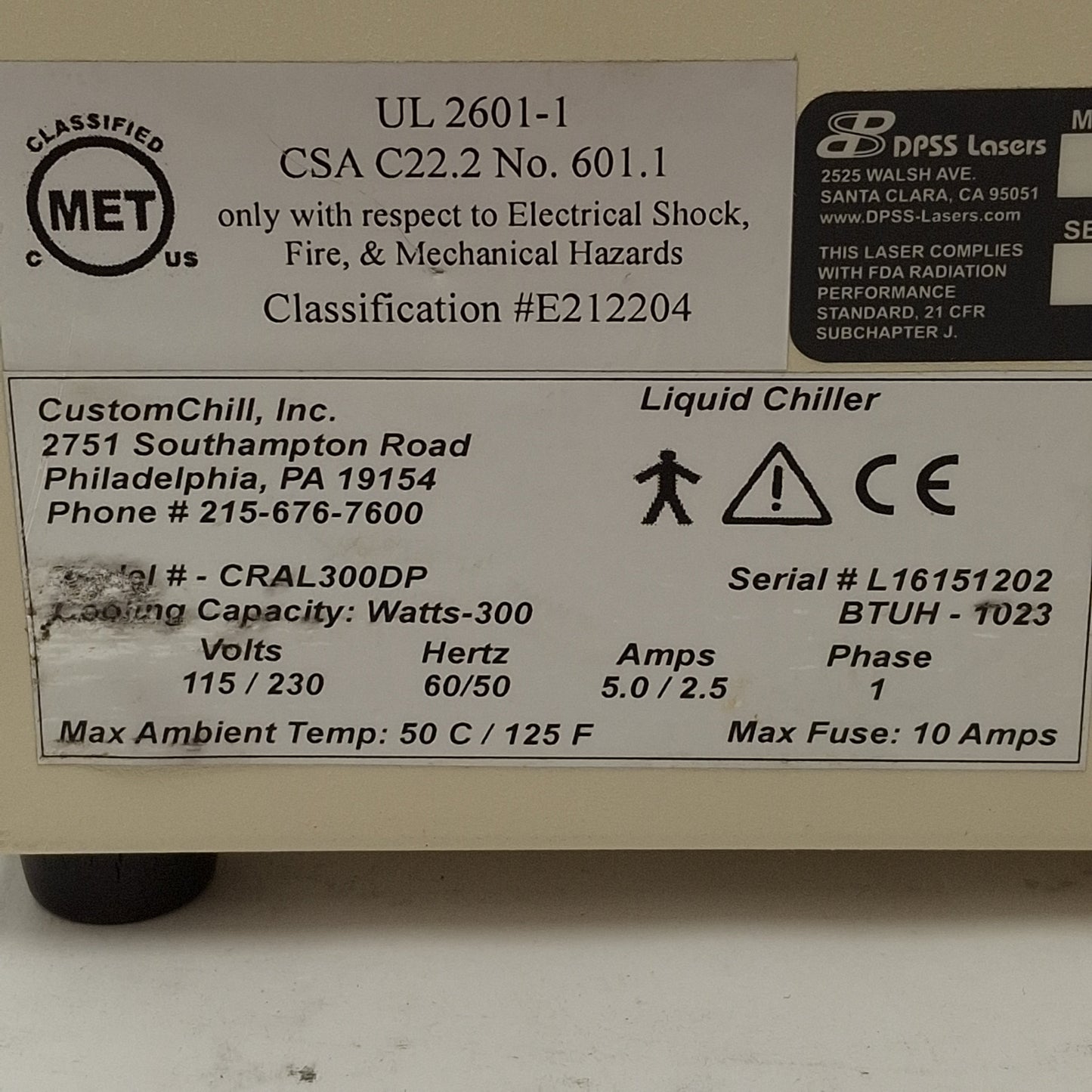 Used Custom Chill CRAL300DP Recirculating Chiller, 0.2Gal, 1gpm, 1023BTUH, 115/230VAC