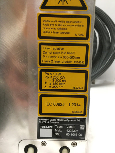 Used Trumpf VMc6 VectorMark Compact UV Laser Marker Nd:YV04 355nm, 80x80mm
