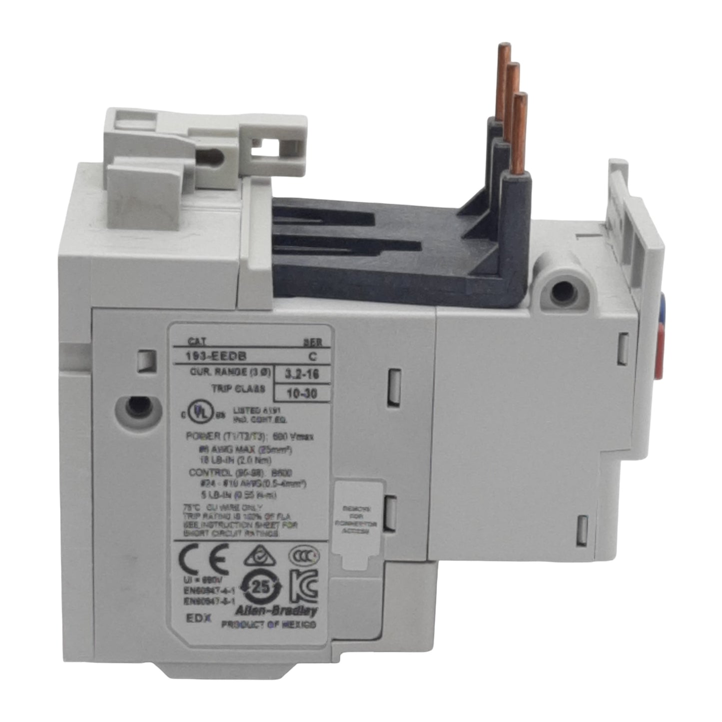 New Allen Bradley 193-EEDB Overload Relay 3-Pole, 3.2-16A, 600V, 1NO/1NC, 10-30 Trip