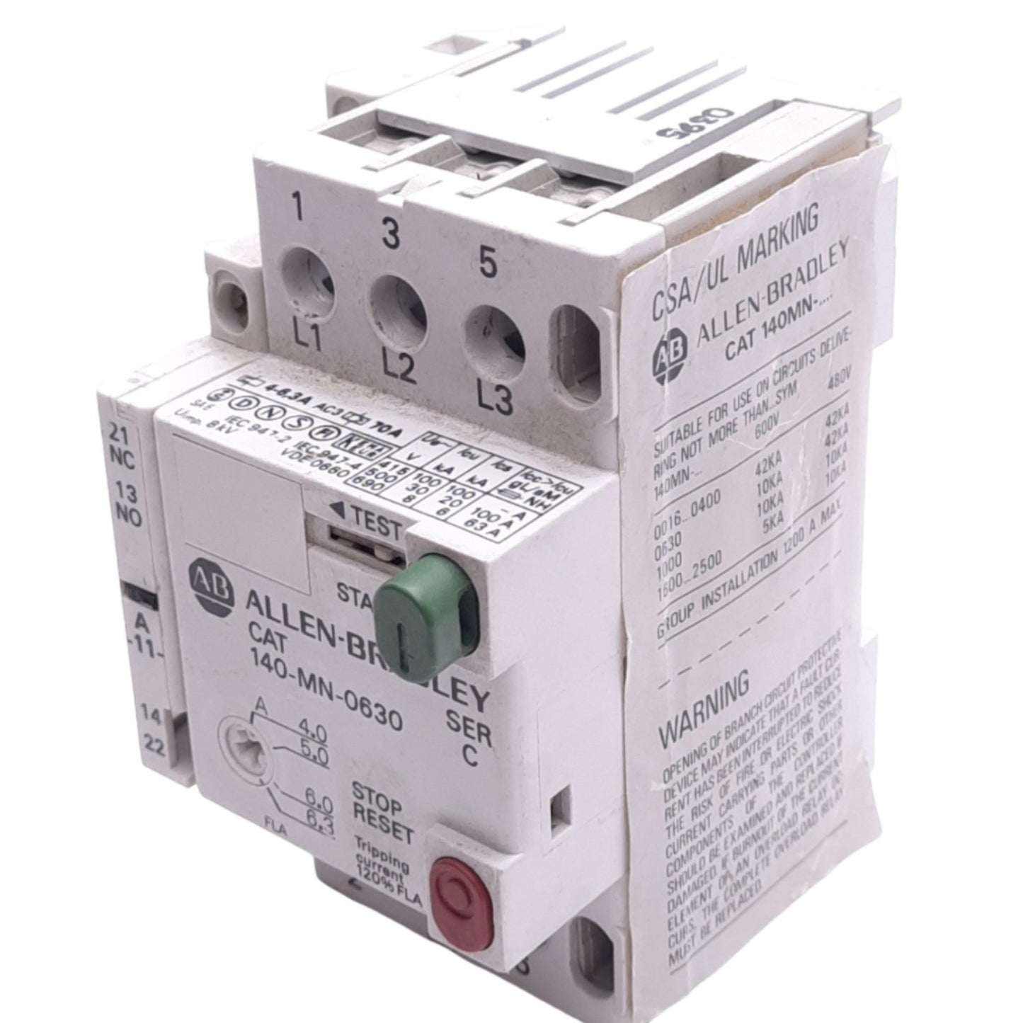 Used Allen Bradley 140-MN-0630 Manual Starter, 3-Pole, 4.0-6.3A, 1NO 1NC Aux, 600VAC