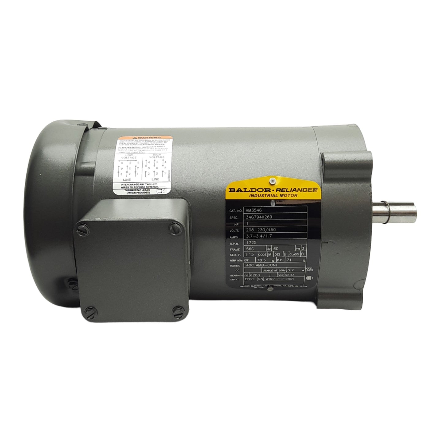 New Baldor VM3546 AC Motor, 208-230/460VAC 3-PH, 1HP, 1800RPM, 56C Frame