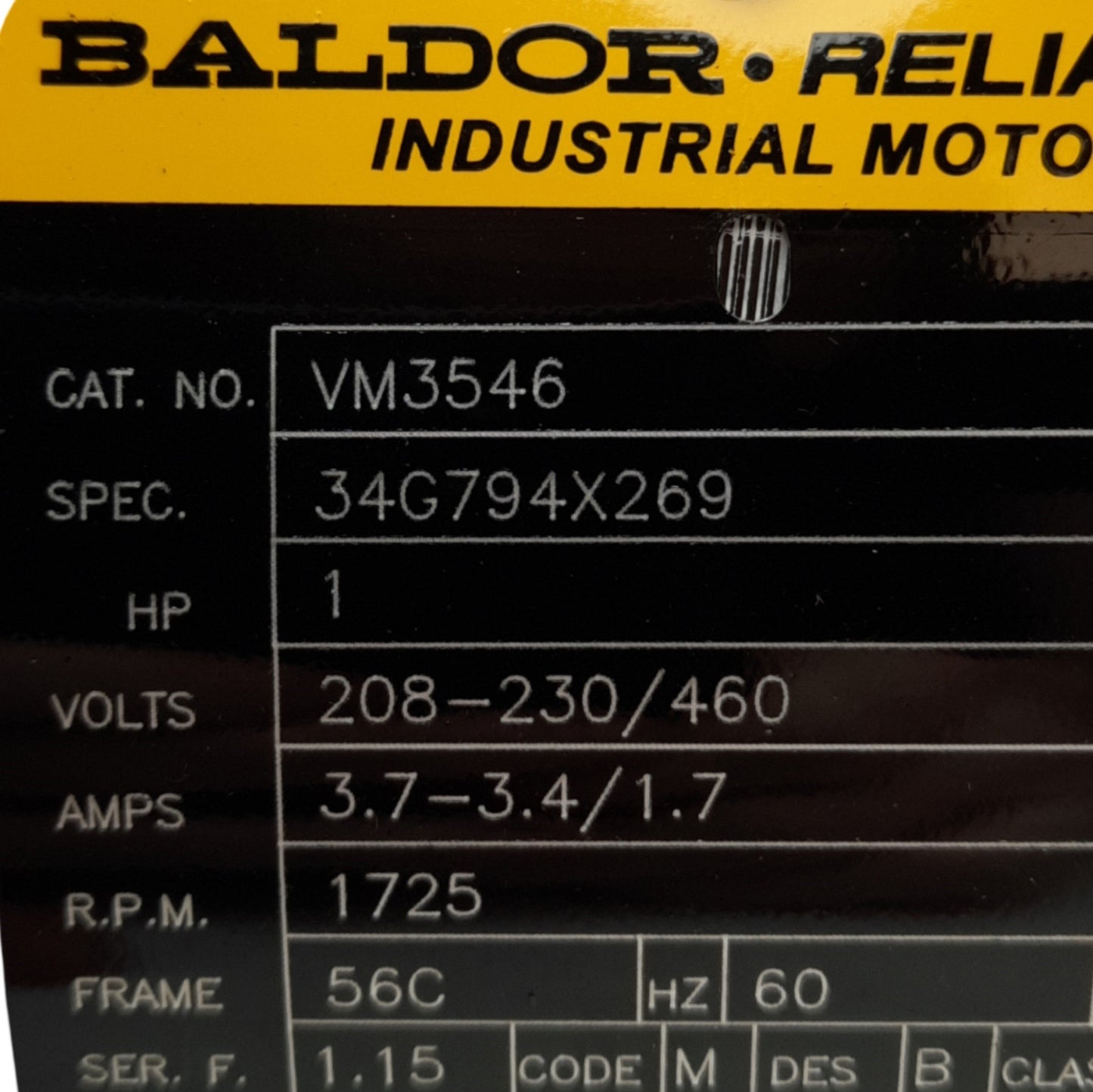 New Baldor VM3546 AC Motor, 208-230/460VAC 3-PH, 1HP, 1800RPM, 56C Frame
