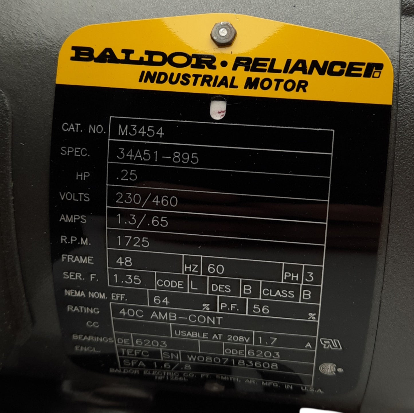 New Baldor M3454 AC Motor 230V/460VAC 3-Ph, 1/4HP, 1735RPM, Frame Size 48
