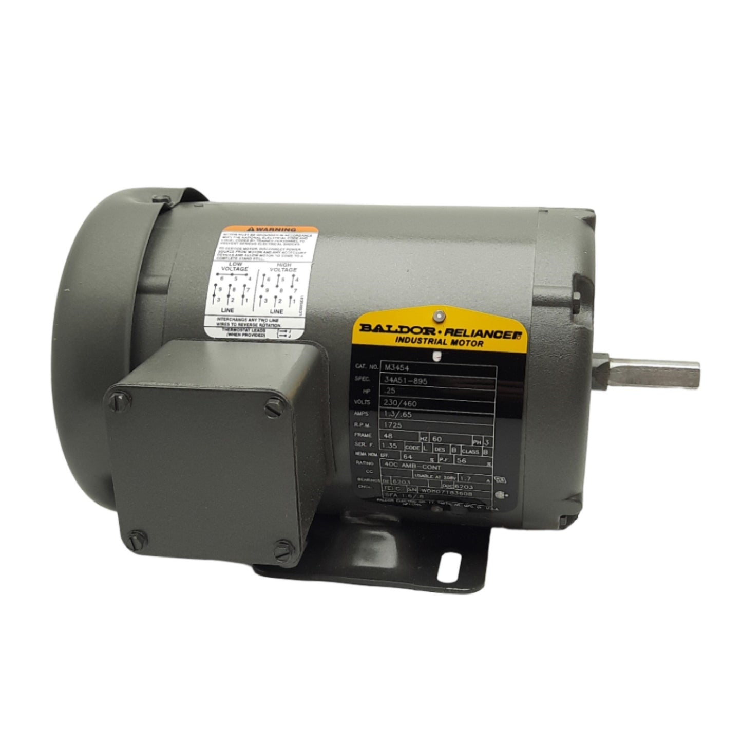 New Baldor M3454 AC Motor 230V/460VAC 3-Ph, 1/4HP, 1735RPM, Frame Size 48