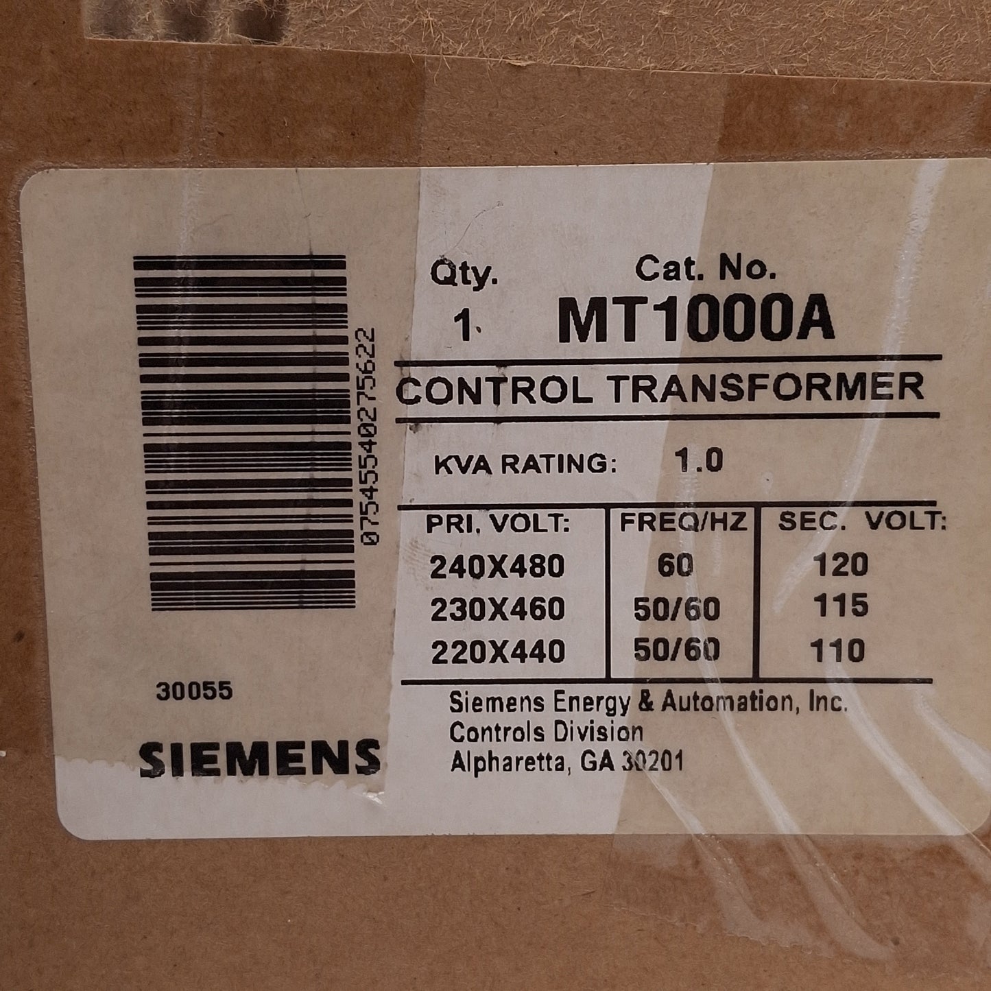 New Siemens MT1000A Control Transformer, 1kVA, 240/480VAC Primary, 120VAC Secondary