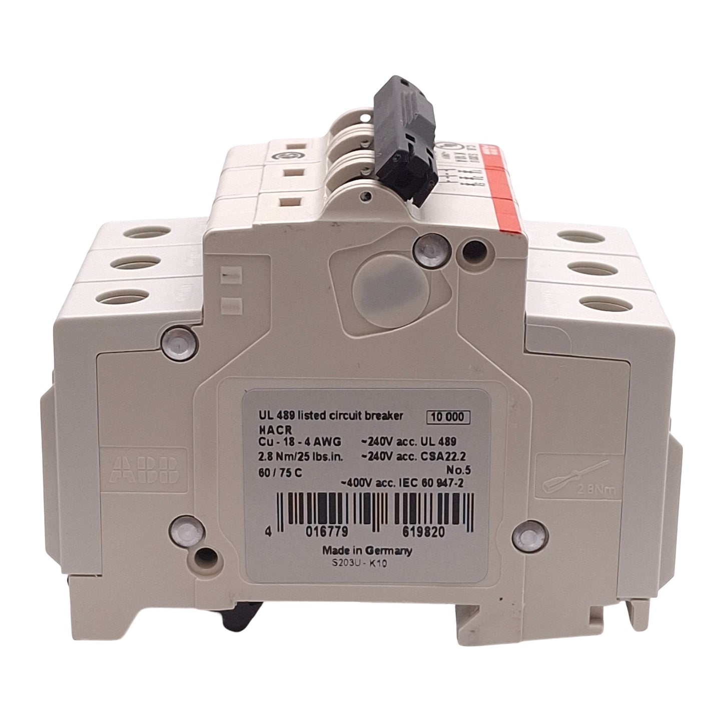 New ABB S203U-K10A Circuit Breaker, 3-Poles, K-Curve, 240VAC, 10A, DIN Rail