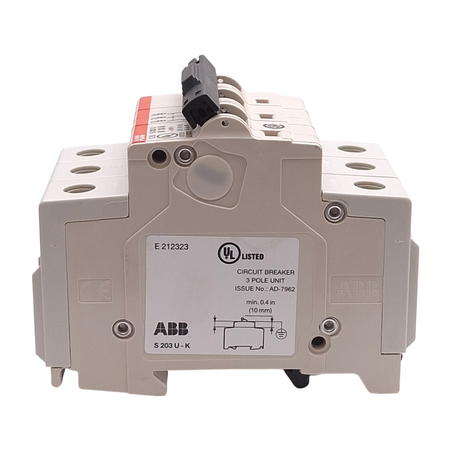New ABB S203U-K10A Circuit Breaker, 3-Poles, K-Curve, 240VAC, 10A, DIN Rail