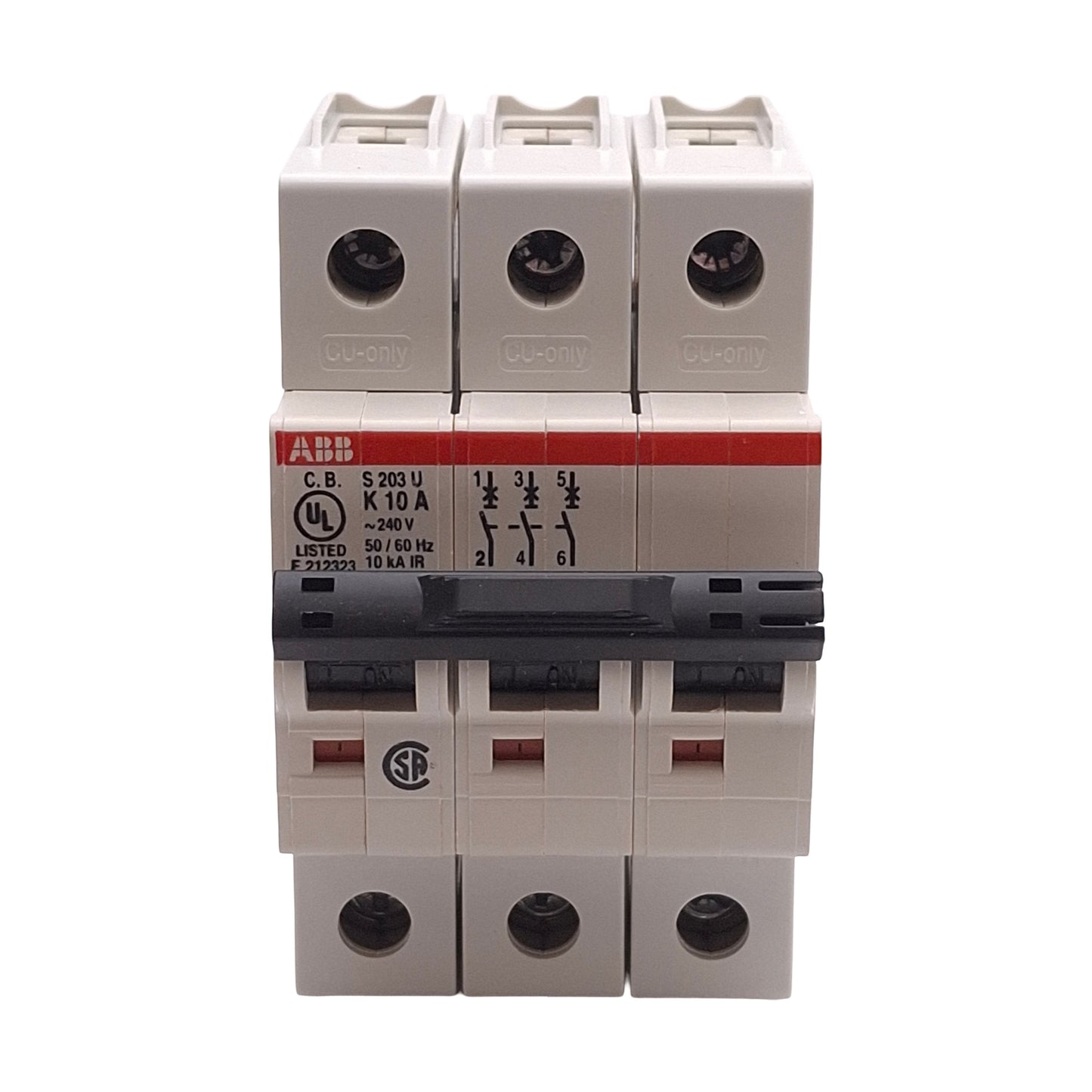 New ABB S203U-K10A Circuit Breaker, 3-Poles, K-Curve, 240VAC, 10A, DIN Rail