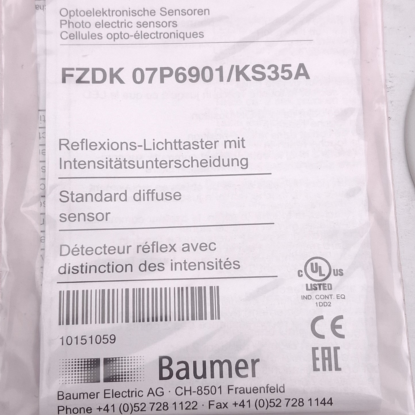 New Baumer FZDK 07P6901/KS35A Diffuse Photoelectric Sensor, 20-150mm, PNP, M8 4-Pin