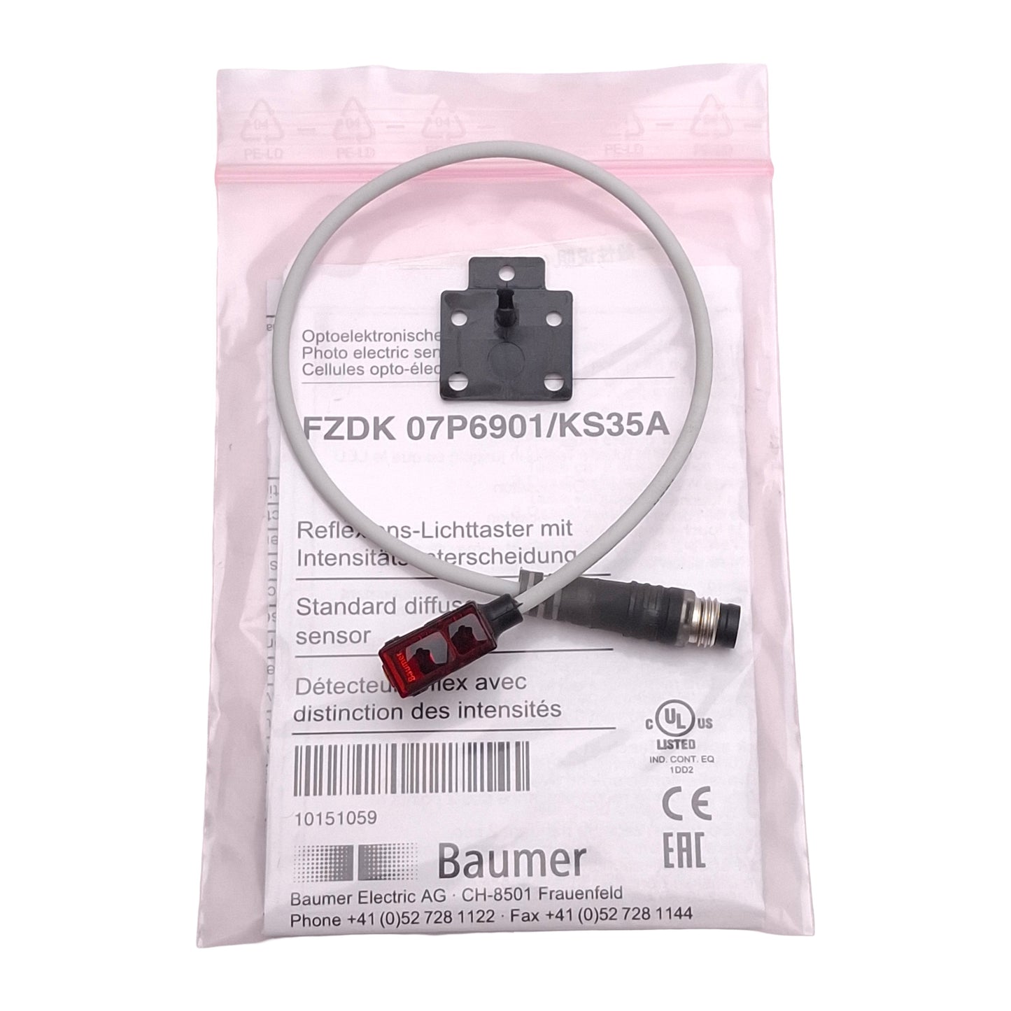 New Baumer FZDK 07P6901/KS35A Diffuse Photoelectric Sensor, 20-150mm, PNP, M8 4-Pin
