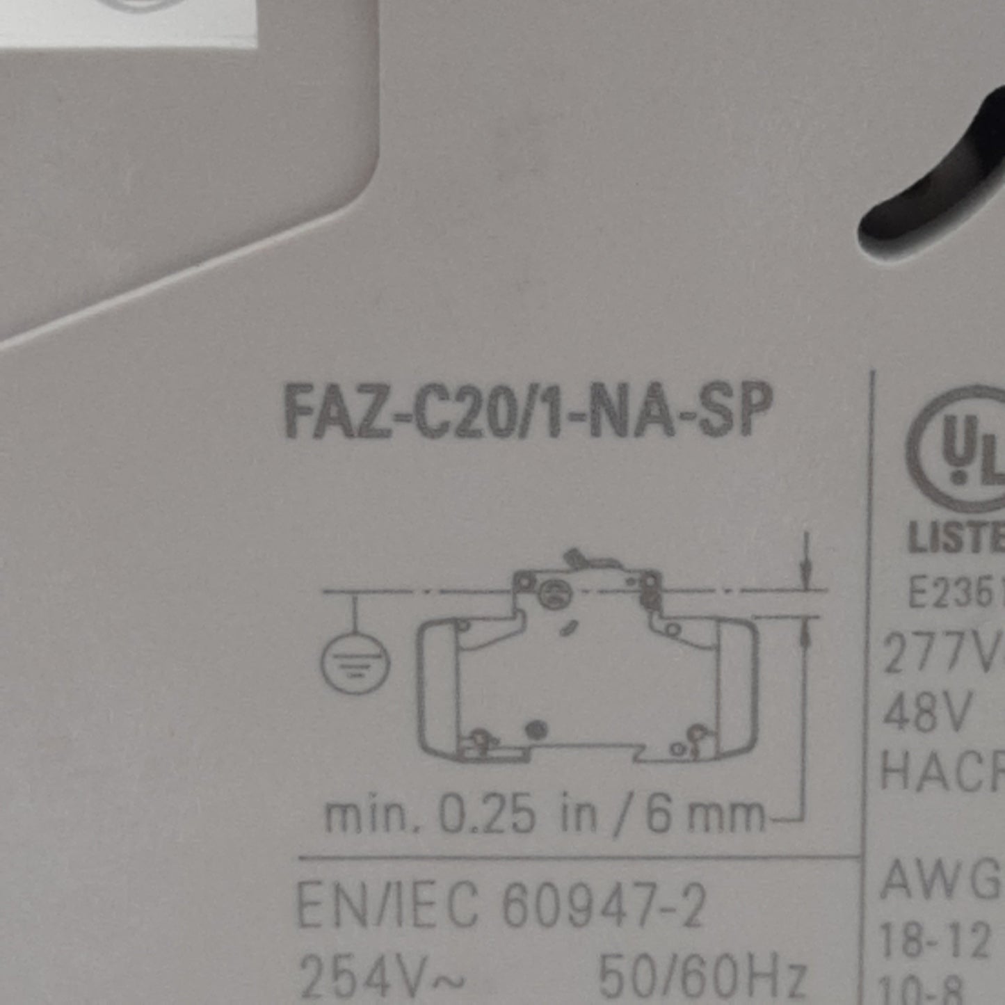 Used Eaton FAZ-C20/1-NA-L-SP Circuit Breaker, 1-Pole, 20A 277VAC/48VDC, DIN Rail