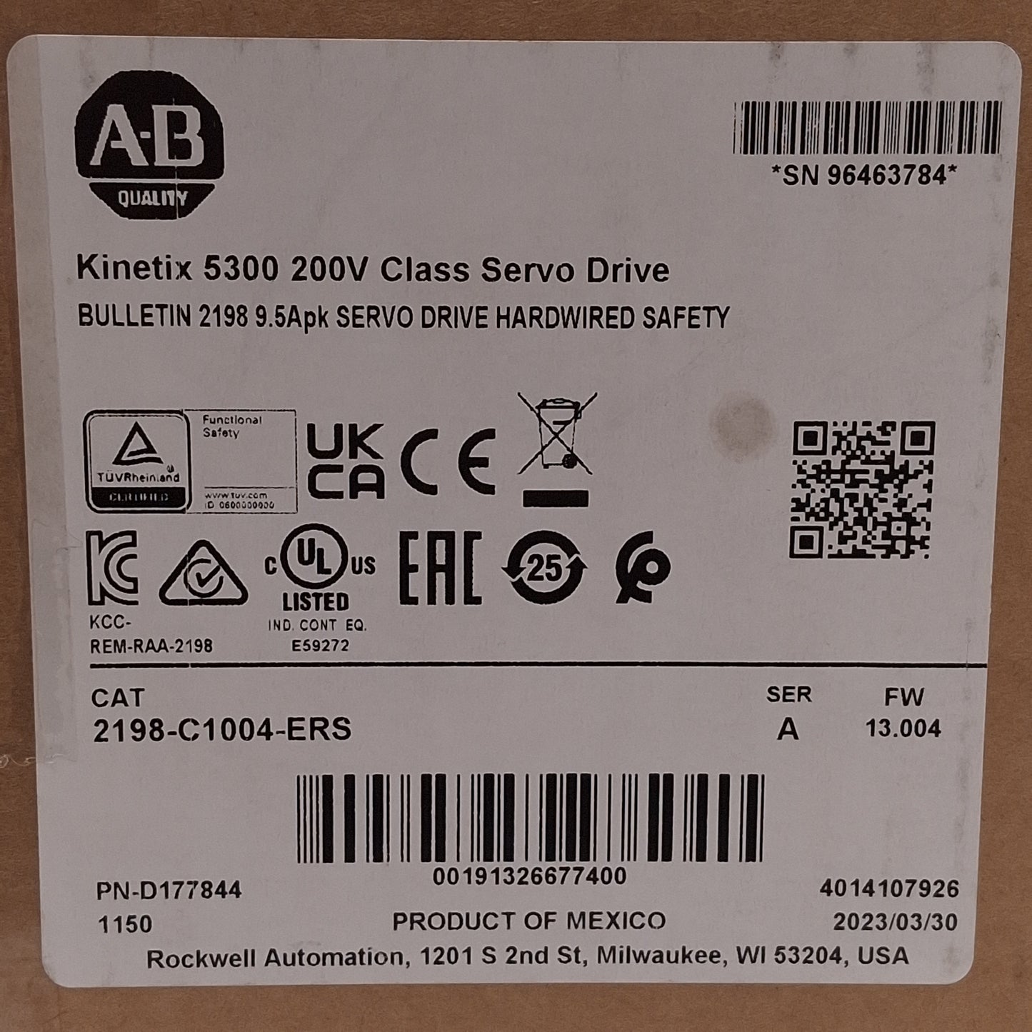 New Allen Bradley 2198-C1004-ERS Kinetix 5300 Servo Drive, 1Ø/3Ø 85-132/170-253VAC