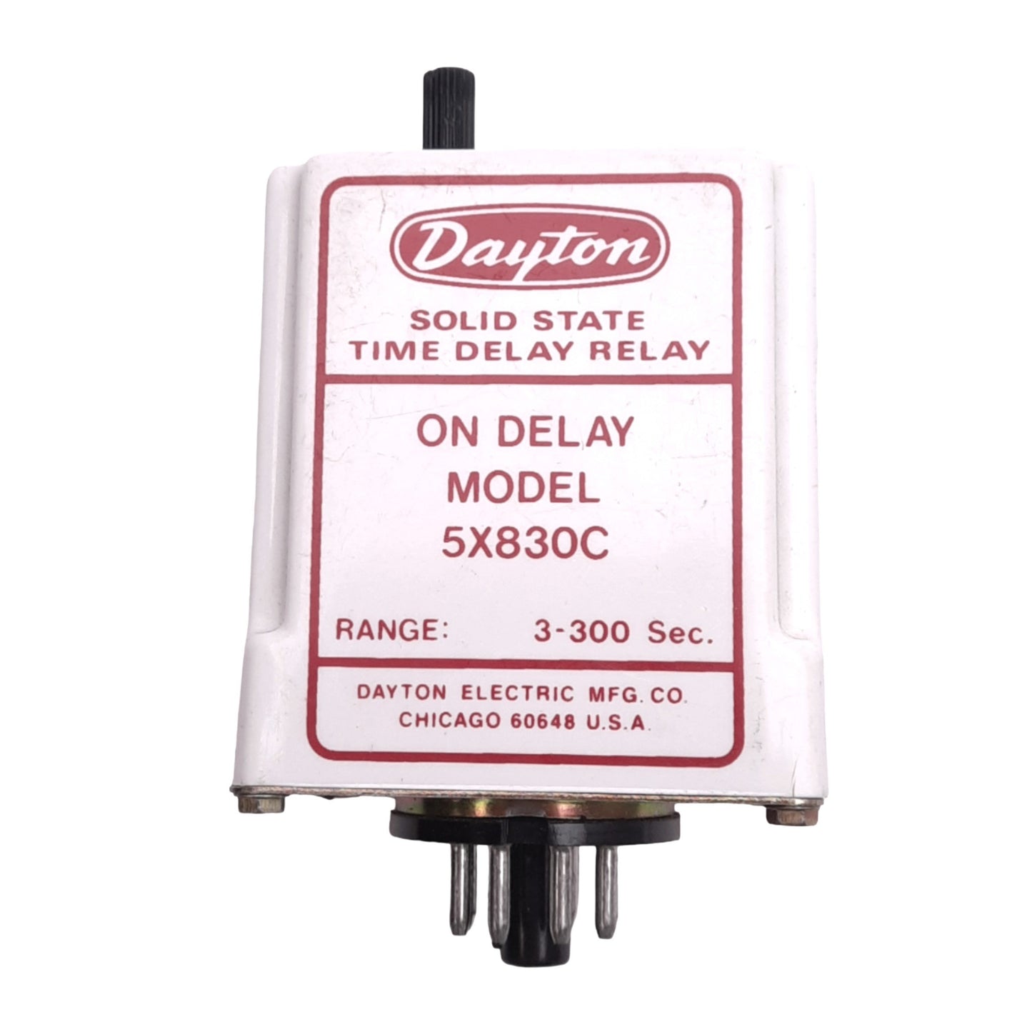 Used Dayton 5X830C Solid State Time Delay Relay, 3-300s, 120VAC In, 240VAC 10A Max