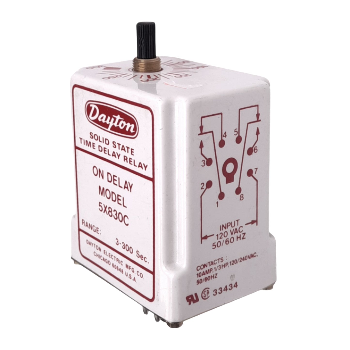 Used Dayton 5X830C Solid State Time Delay Relay, 3-300s, 120VAC In, 240VAC 10A Max