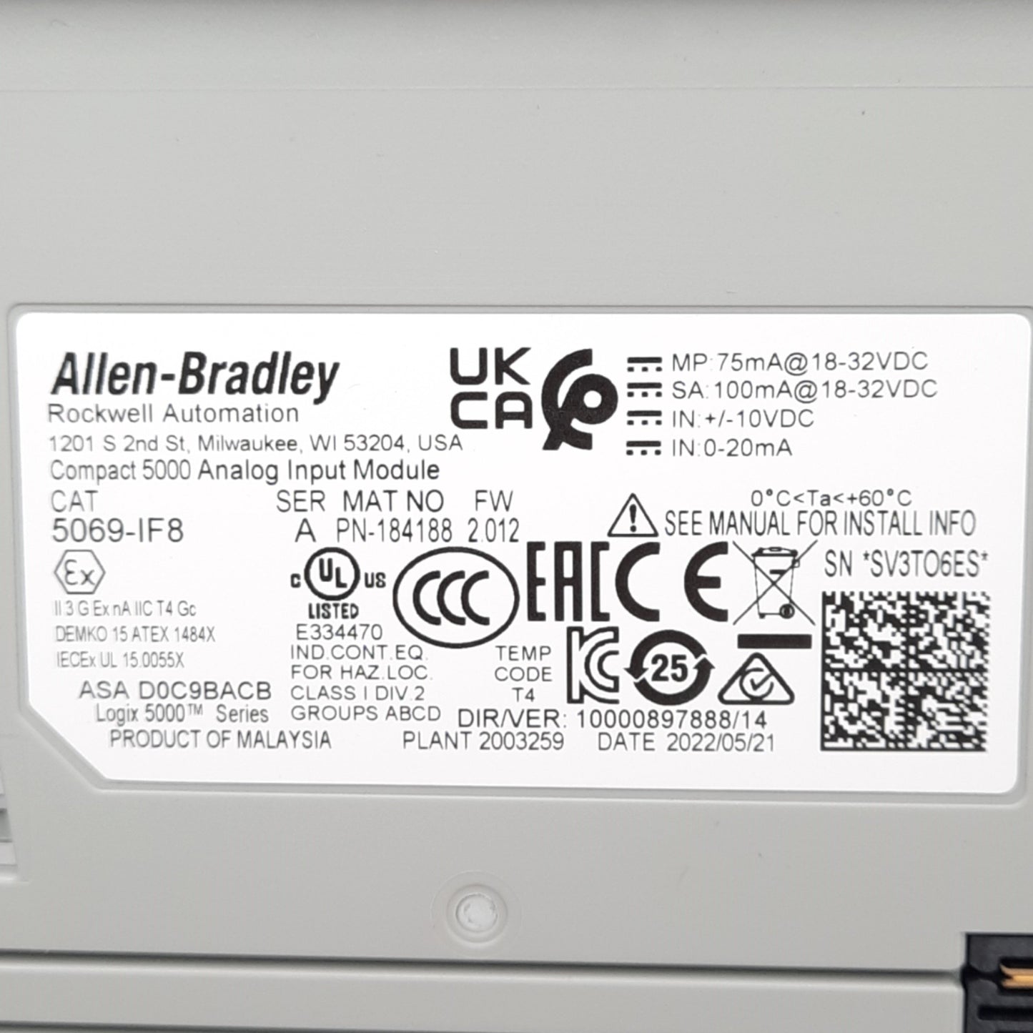 New Allen Bradley 5069-IF8 Compact 5000 Analog Input Module, 8 Differential, 24VDC
