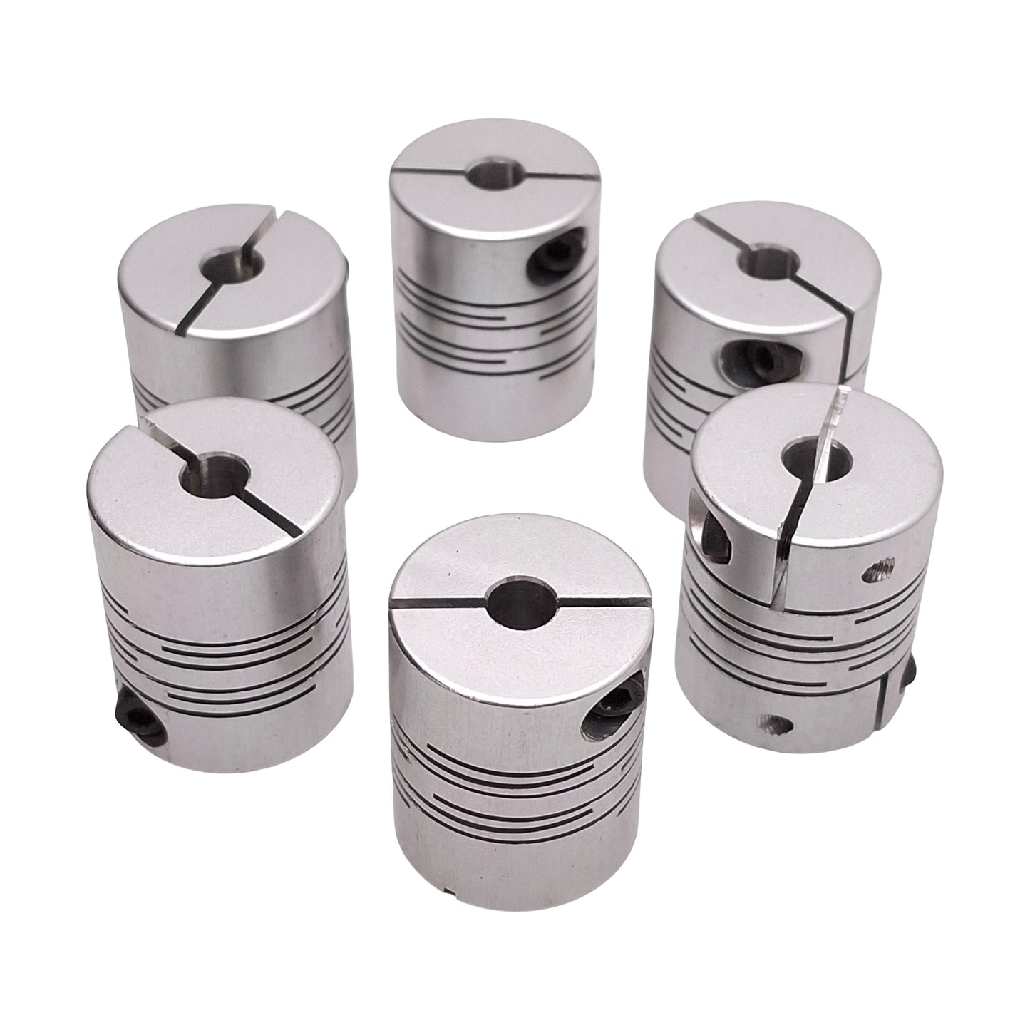 New Lot of 6 Aluminum Flexible Shaft Coupling, ø5mm & ø1/4in Bores, ø25mm x 30mm