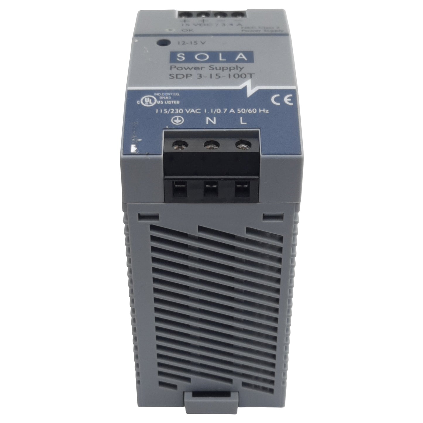 Used Sola SDP 3-15-100T Power Supply, 115/230VAC In, 3.4A 15VDC Out, DIN Rail